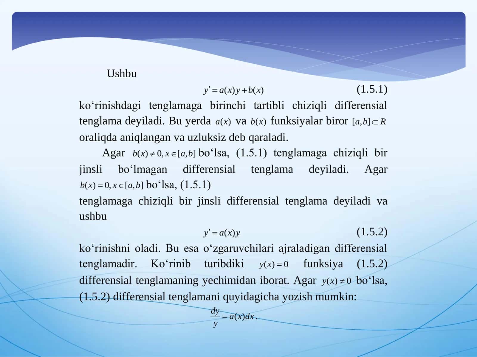Birinchi tartibli chiziqli differensial tenglamani yechimini topish 2