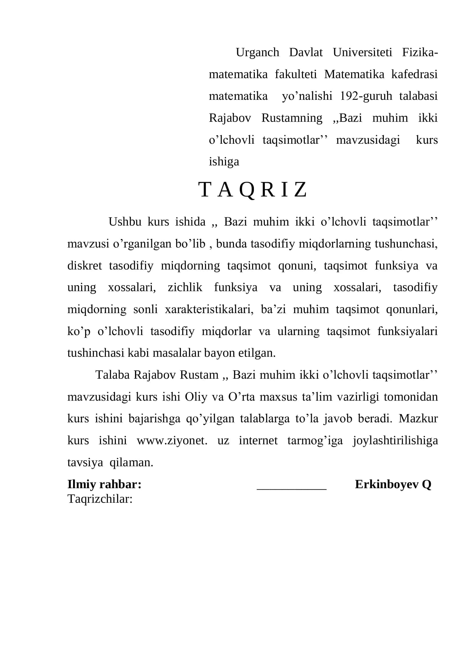 Bazi muhim ikki o'lchovli taqsimotlar 2