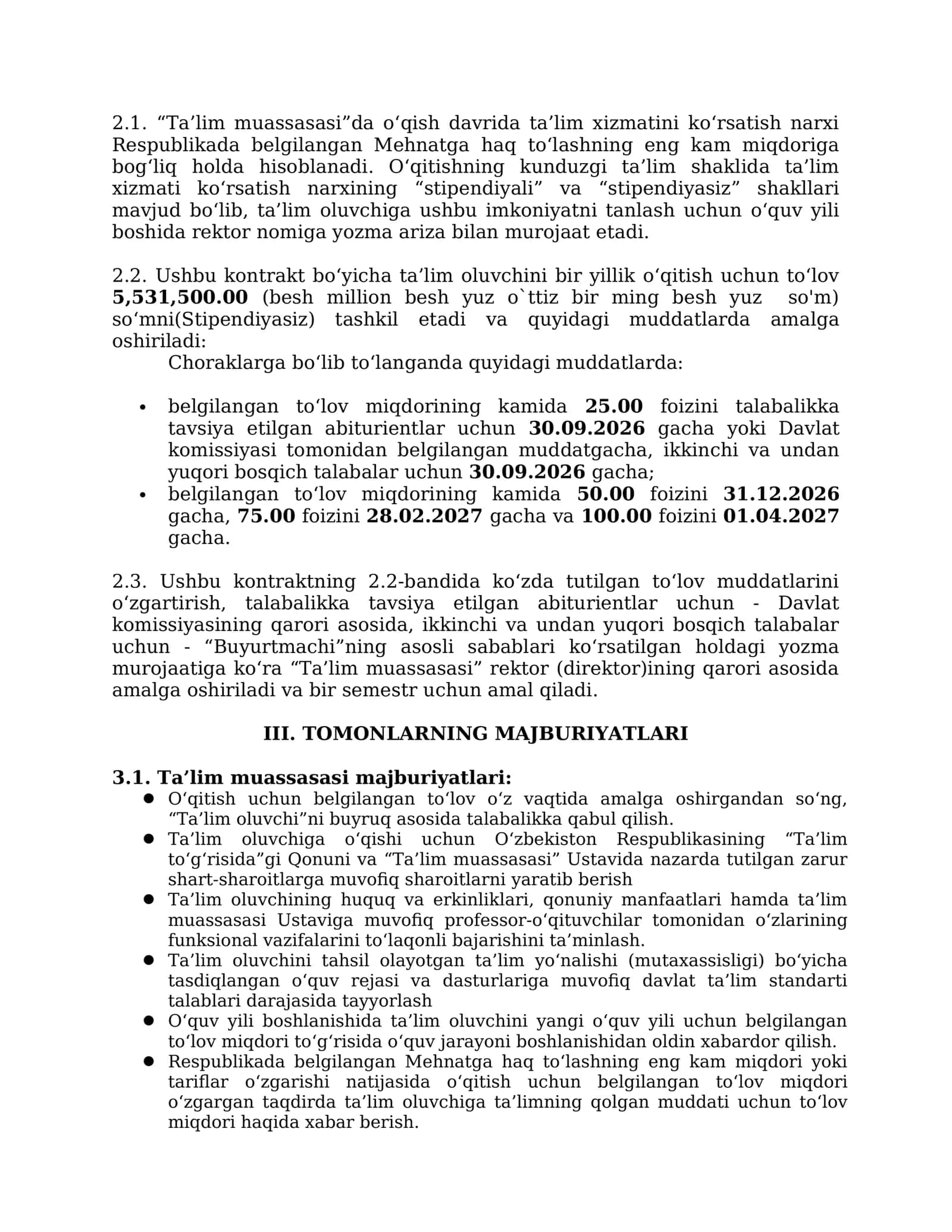 "To‘lov-kontrakt (Ikki tomonlama) asosida mutaxassis tayyorlashga" 2