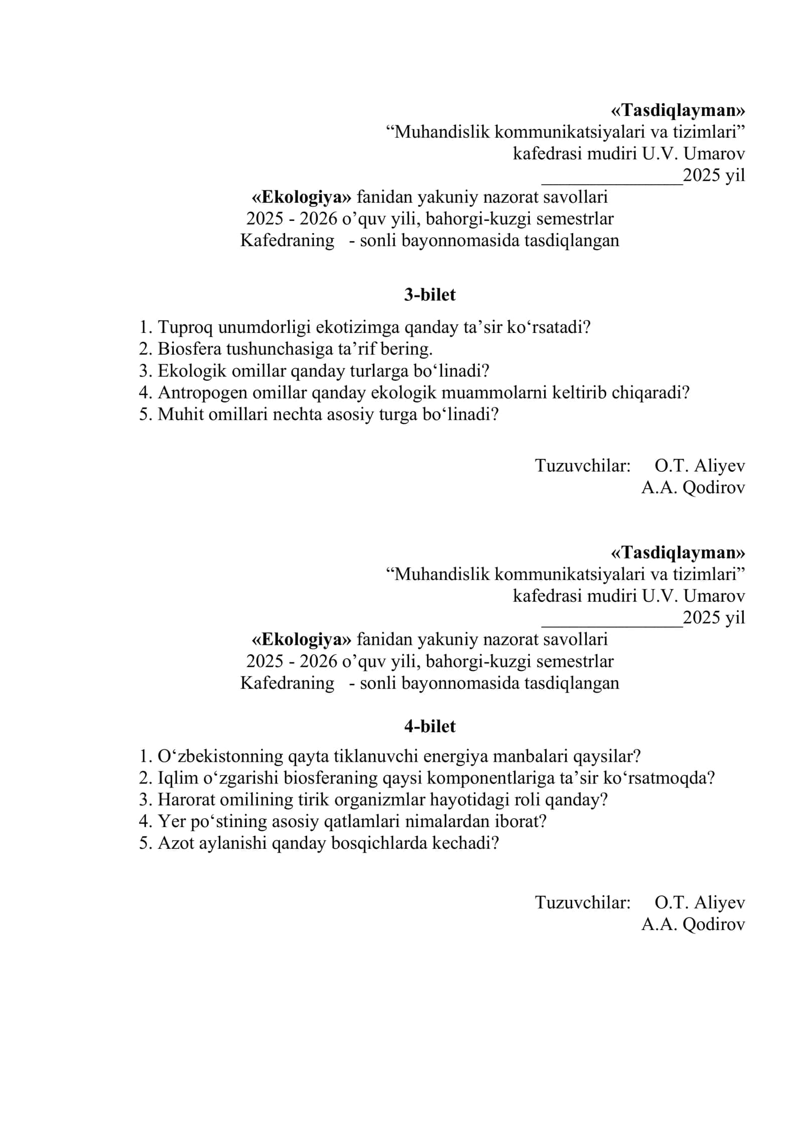 Ekologiya fanidan yakuniy nazorat savollari 2