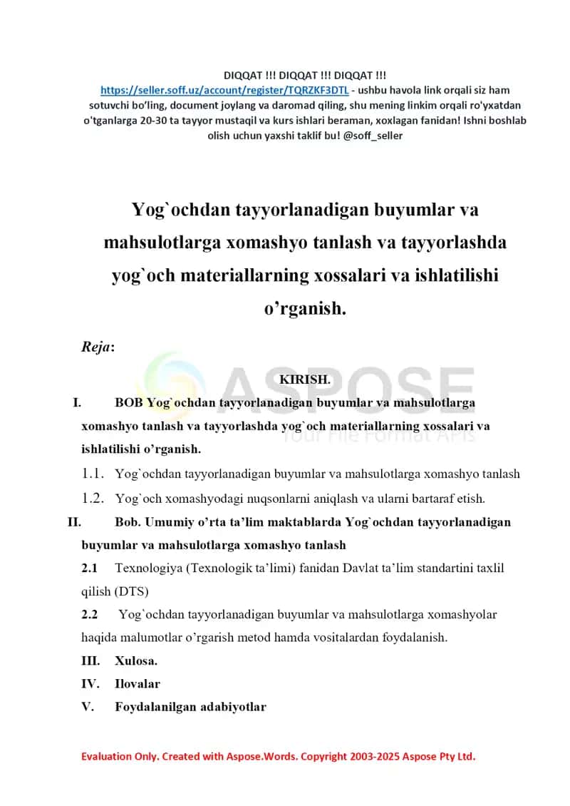 Yog‘ochdan tayyorlanadigan buyumlar va mahsulotlarga xomashyo tanlash va tayyorlashda yog‘och materiallarning xossalari va ishlatilishi o‘rganish 2