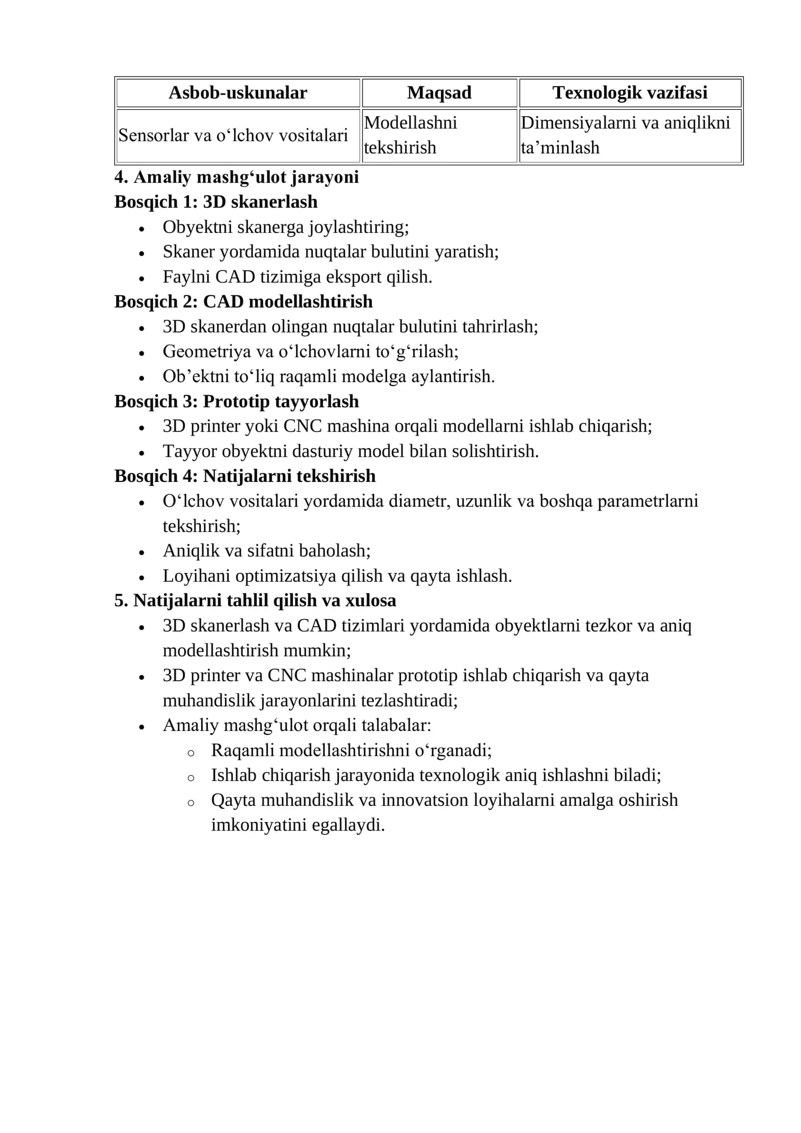 Amaliy mashgulot №4 3D skanerlash, CAD tizimlari va boshqa asbob-uskunalarni ishlash texnologiyasini o‘rganish 2