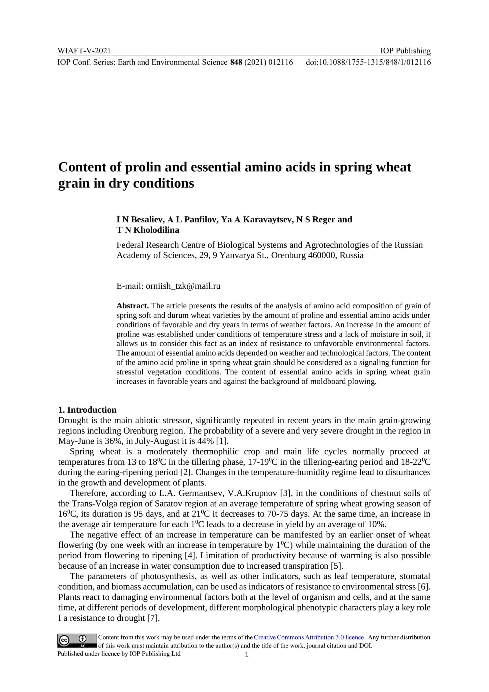 Content of prolin and essential amino acids in spring wheat grain in dry conditions 2