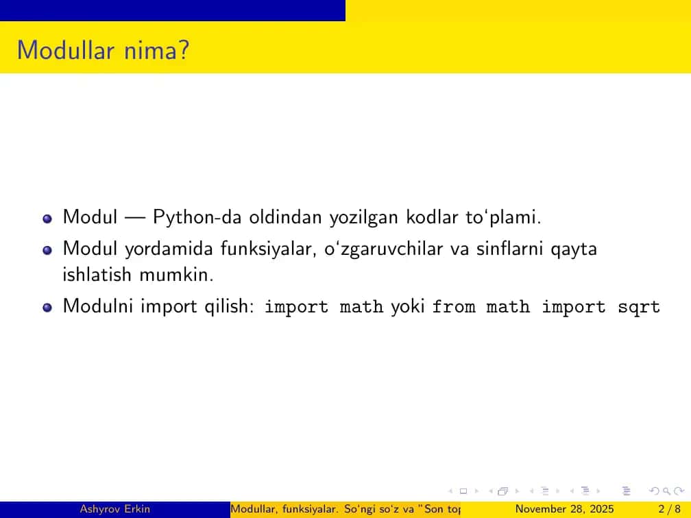 Modullar, funksiyalar. So‘ngi so‘z va ”Son topish” o‘yini 2