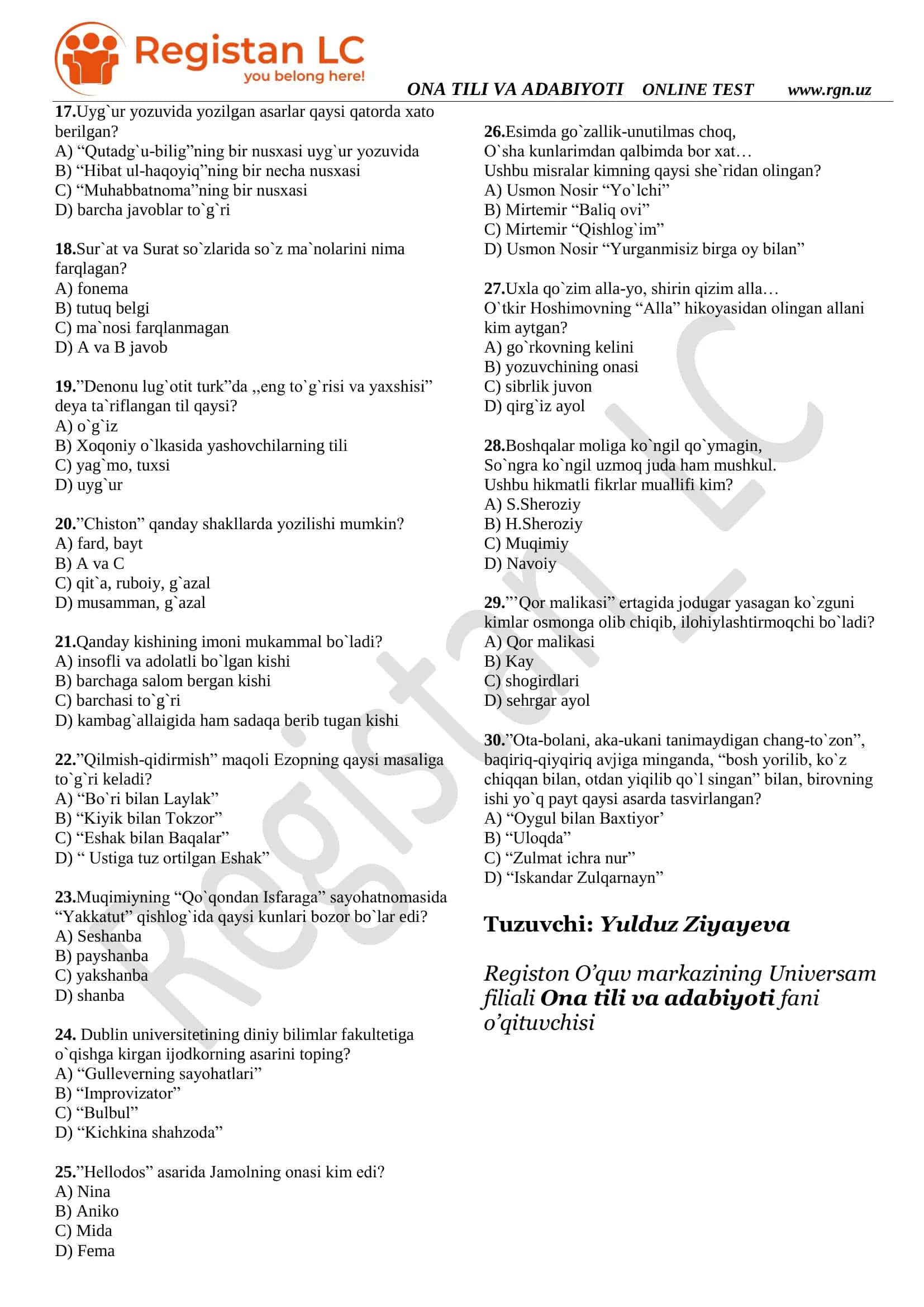 ONA TILI VA ADABIYOTI ONLINE TEST www.rgn.uz 2