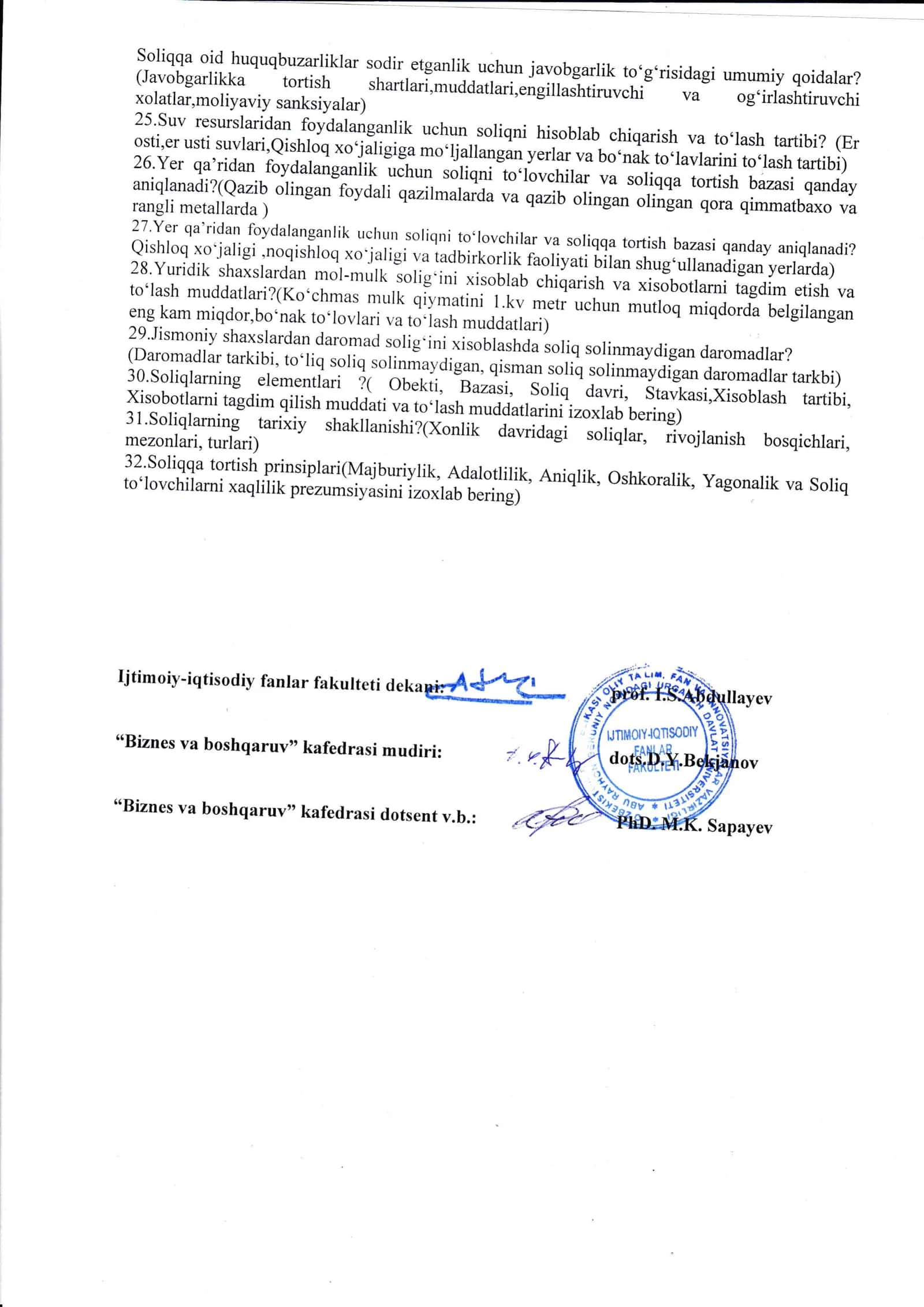 SOLIQ VA SOLIQQA TORTISh yakuniy savollar 2