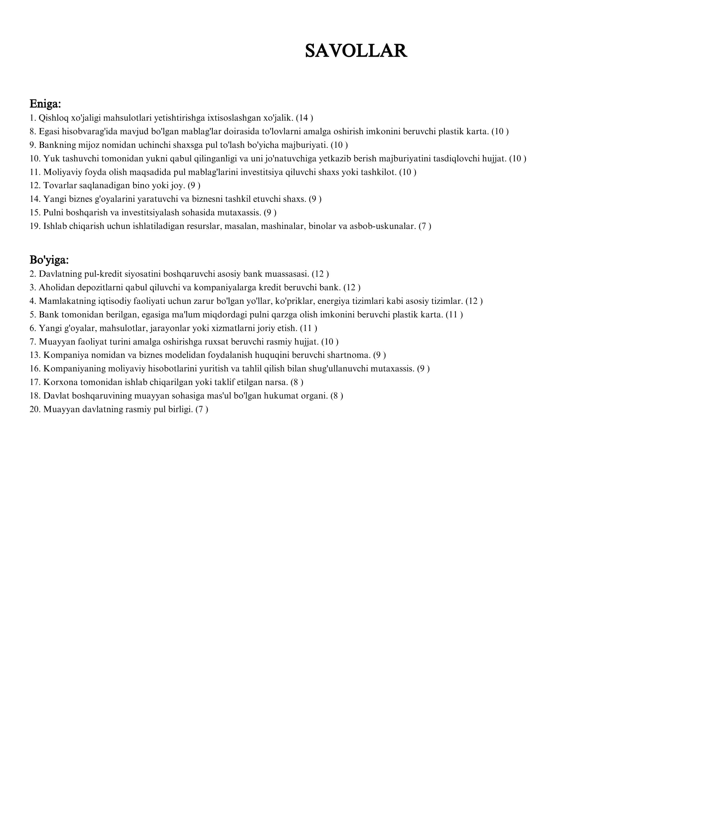 SAVOLLAR KRASVORD  IQTISODIY 2