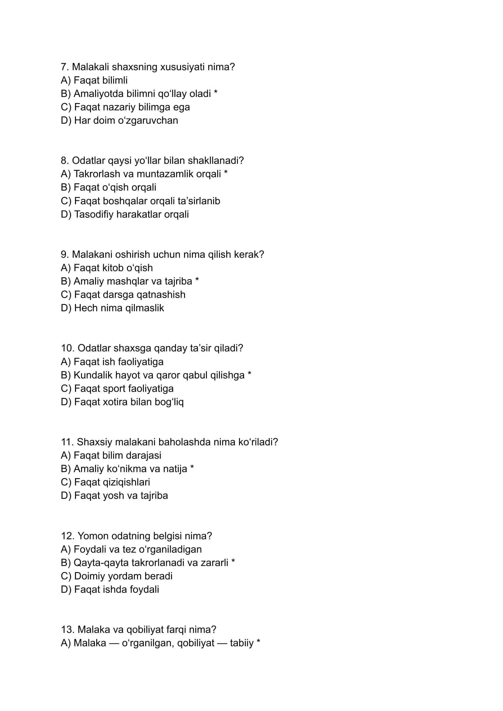 SHAXSNING MALAKA VA ODATLARI – TESTLAR 2