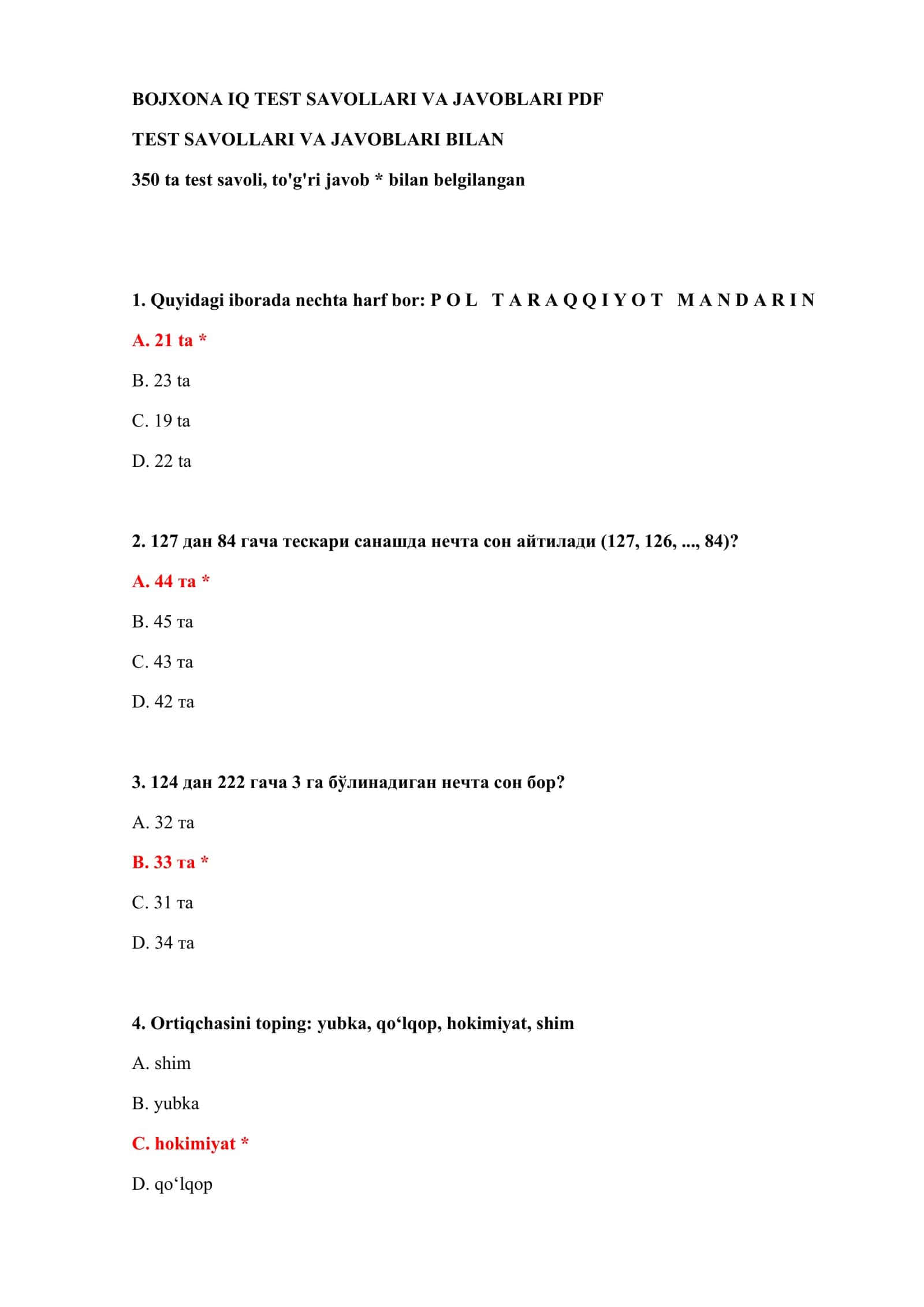BOJXONA IQ TEST SAVOLLARI VA JAVOBLARI PDF 2