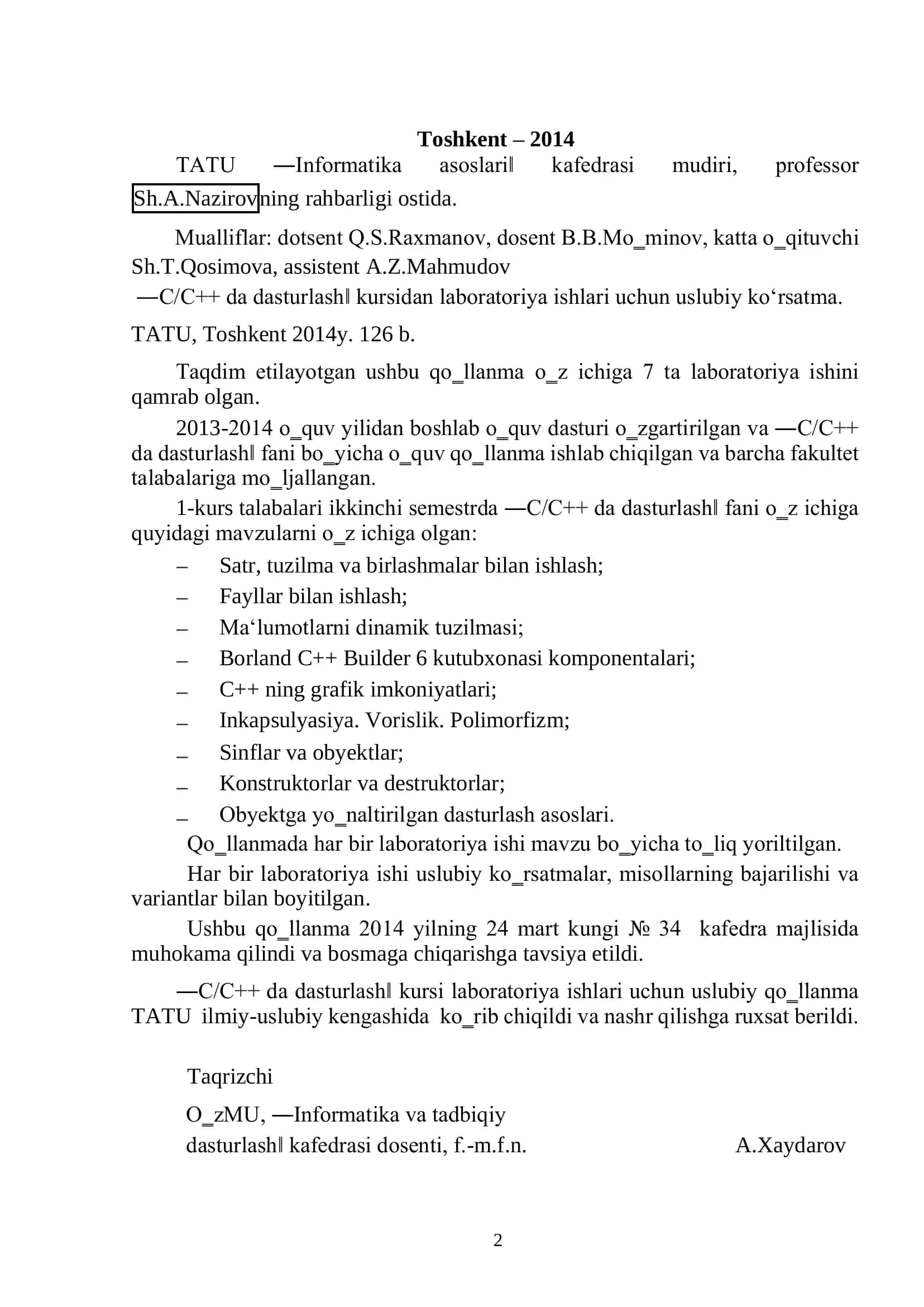 C/C++ DA DASTURLASH KURSIDAN LABORATORIYA ISHLARI UCHUN USLUBIY KO‟RSATMA 2