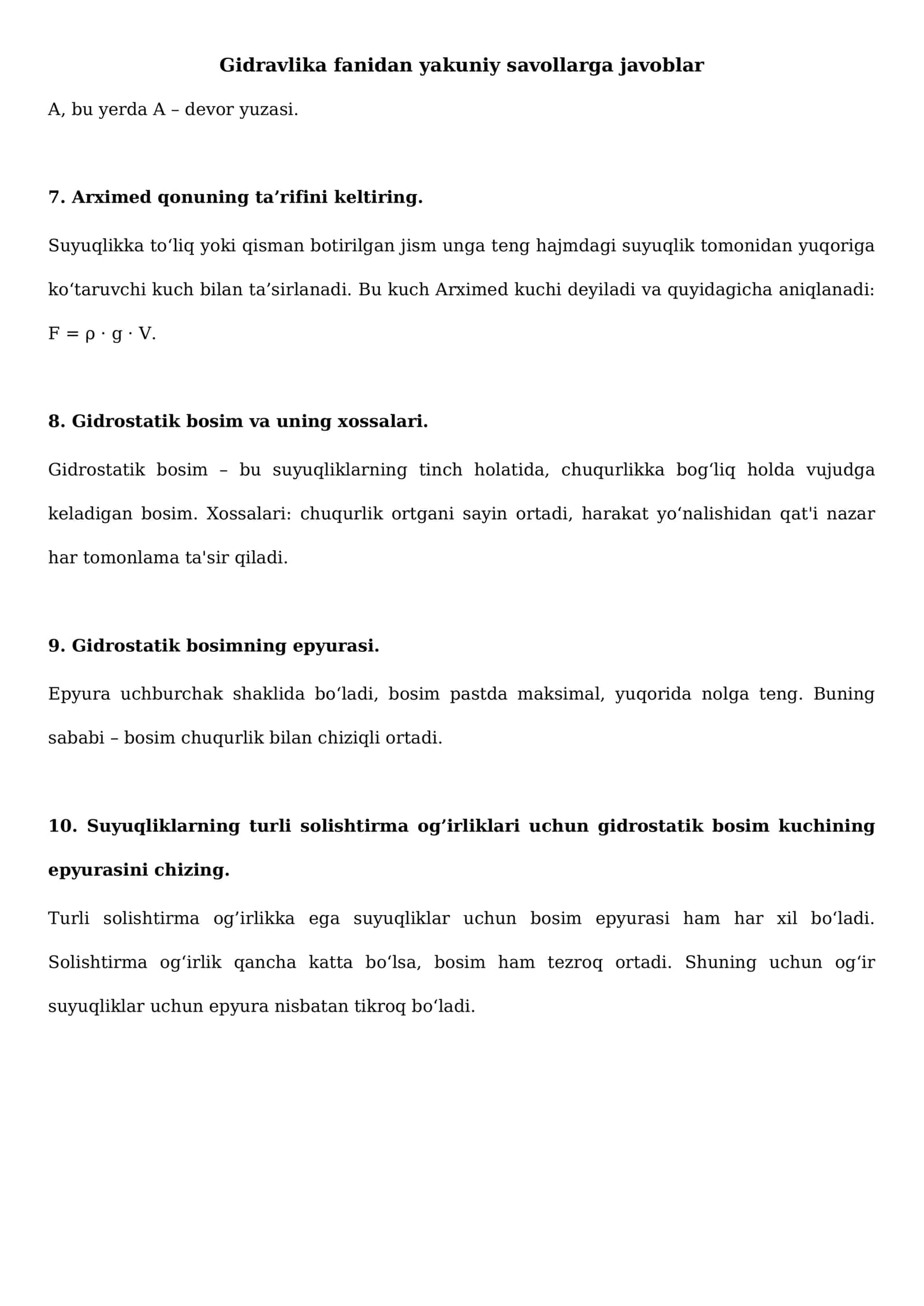Gidravlika fanidan yakuniy savollarga javoblar 2