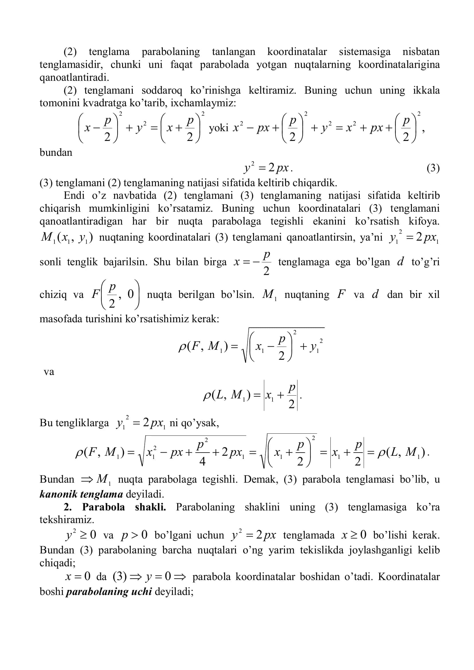 Parabola va uning kanonik tenglamasi 2