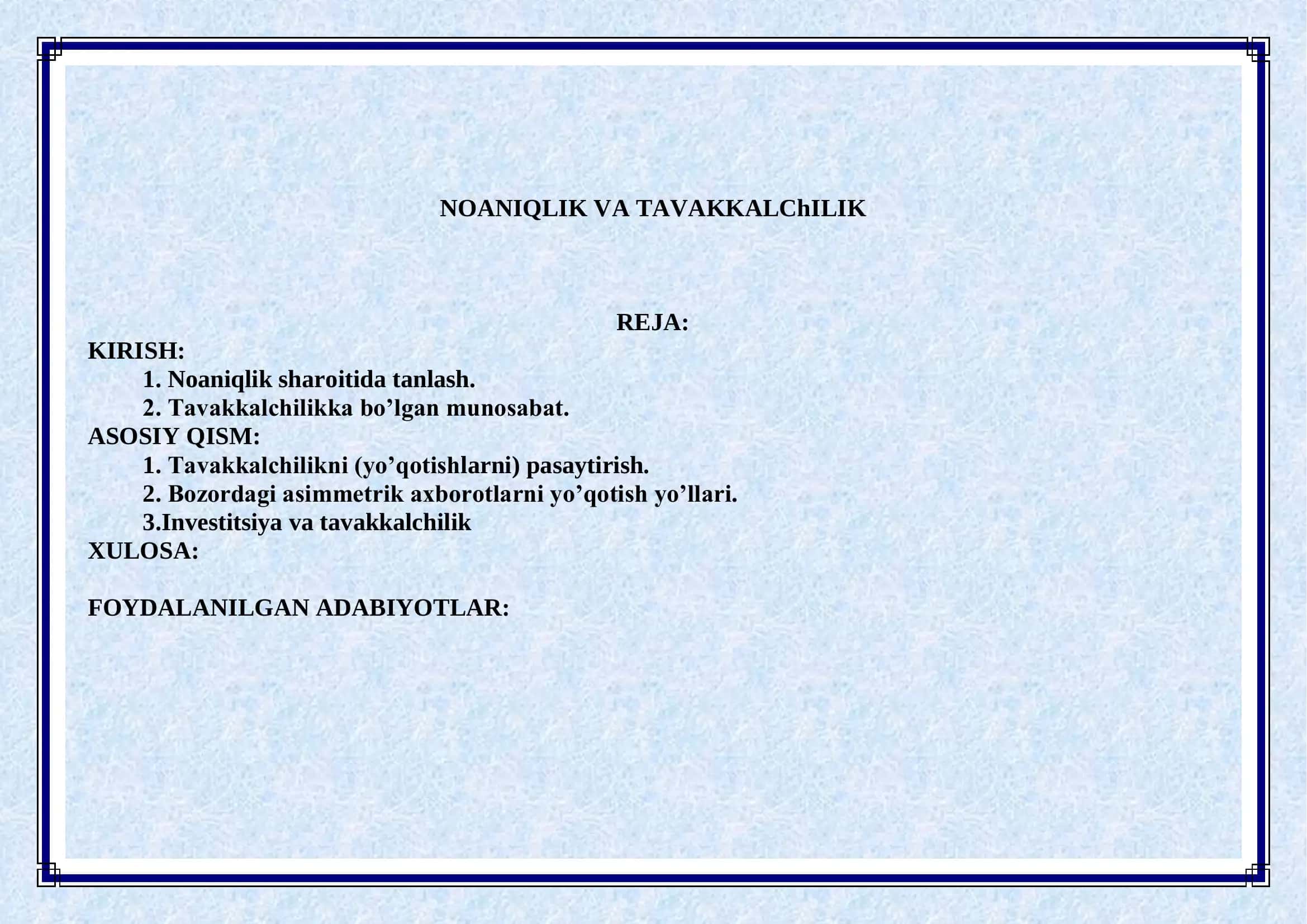 NOANIQLIK VA TAVAKKALChILIK 2
