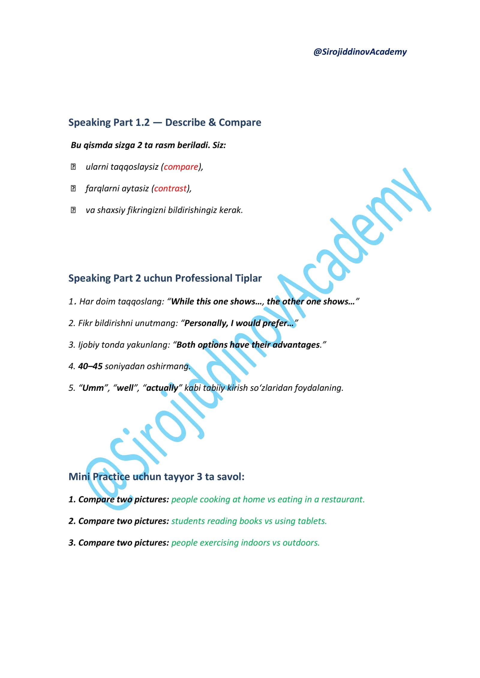 Speaking Part 1.2 — Describe & Compare 2