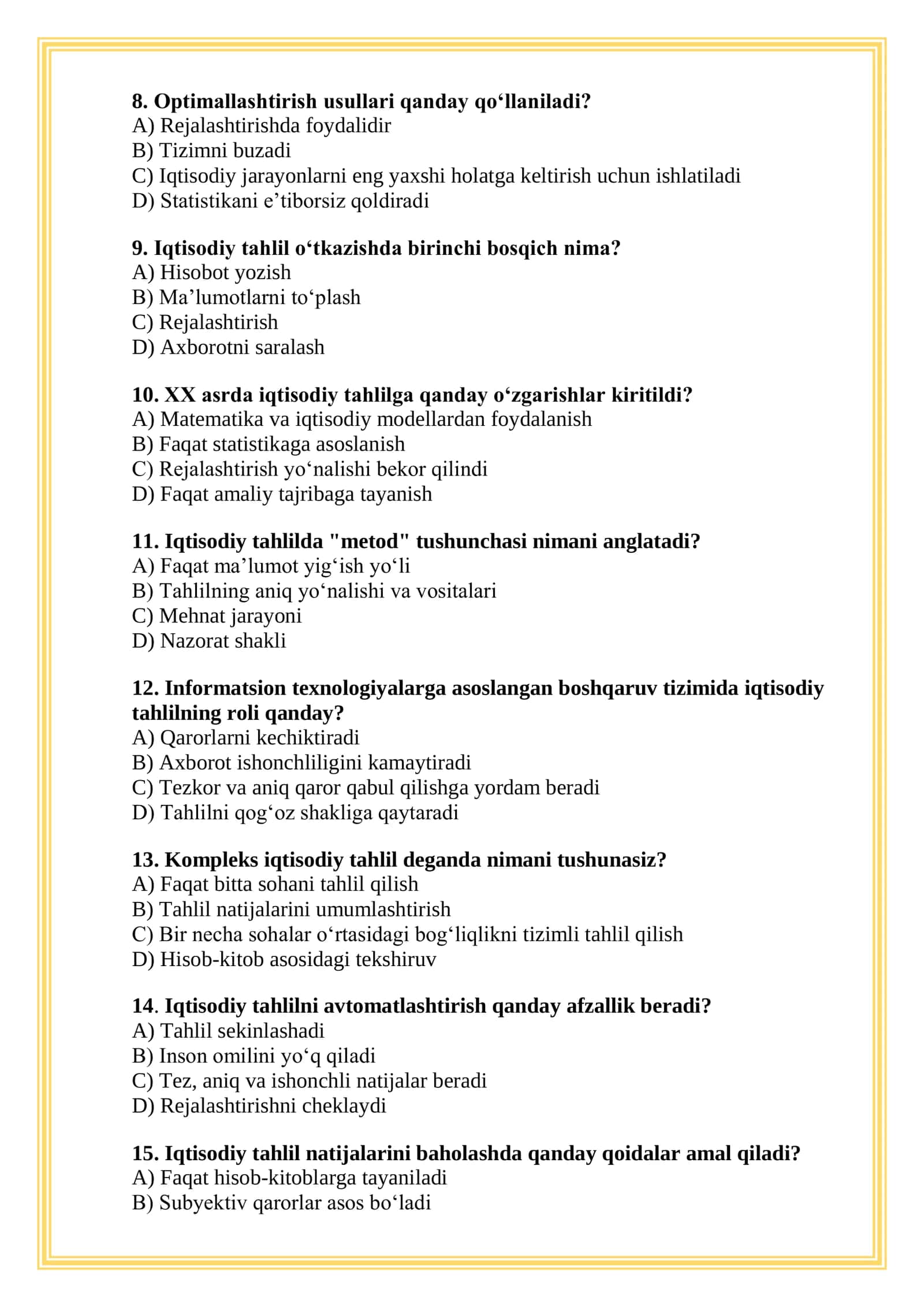 TEST iqtisod Savollar va javoblar 2