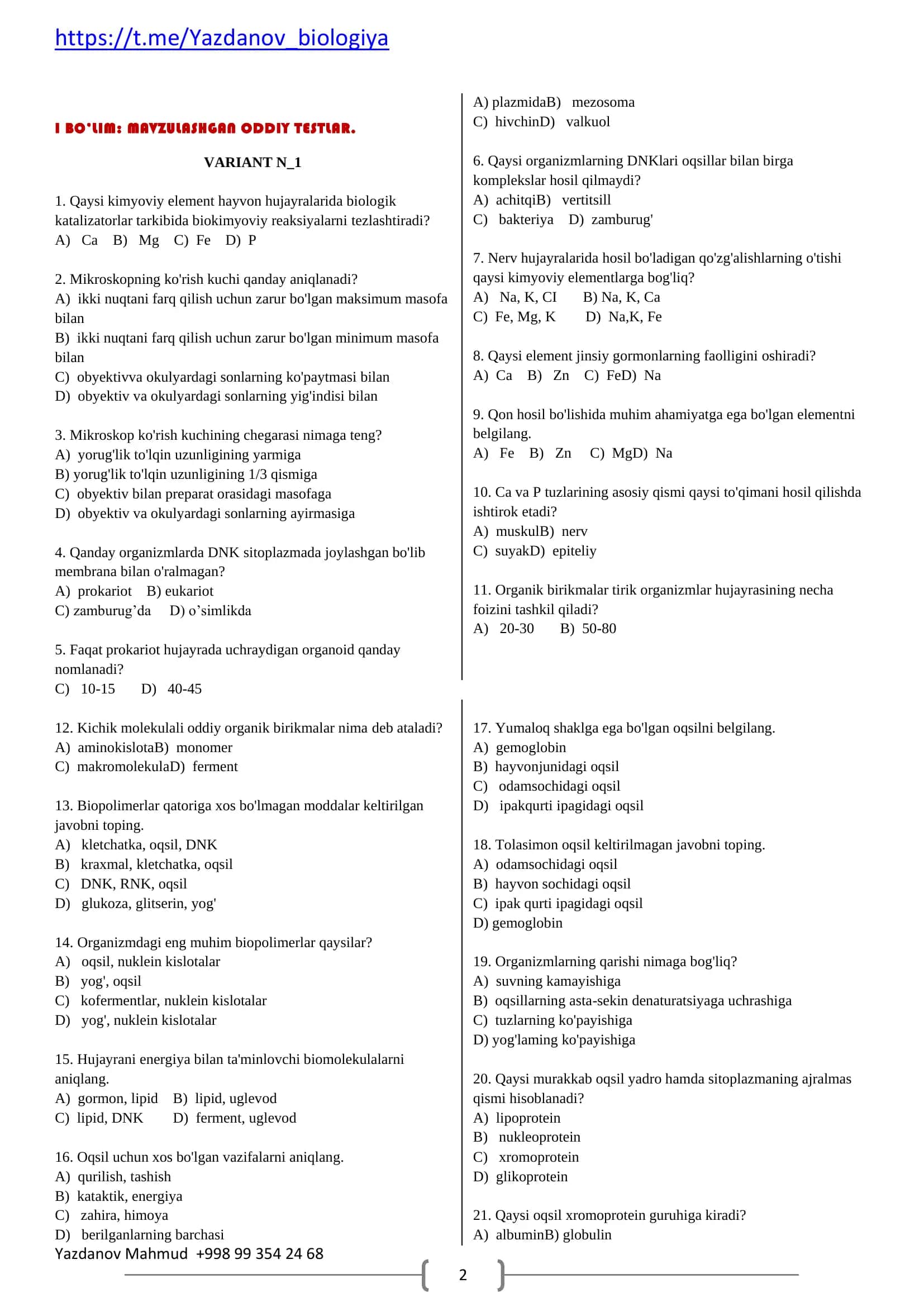 9 sinf biologiyadan mavzulashtirilgan test baza 2