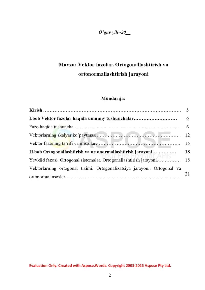 Vektor fazolar. Ortogonallashtirish va ortonormallashtirish jarayoni 2