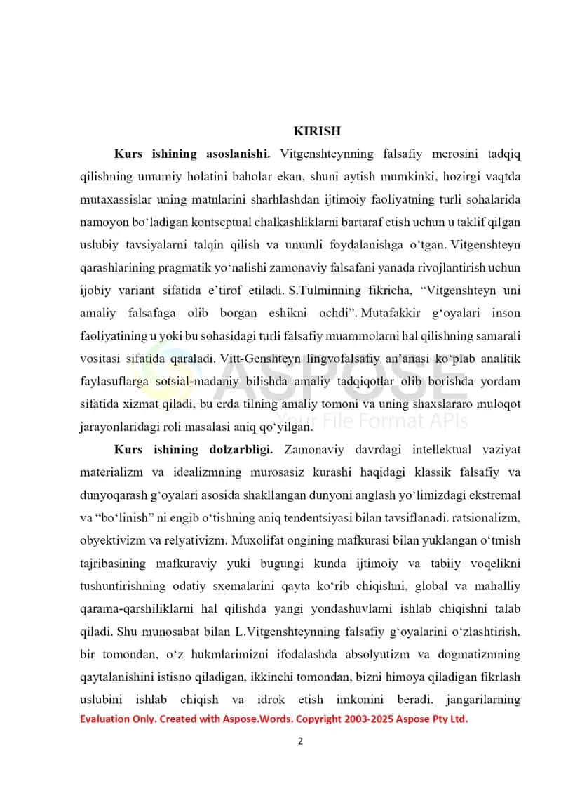 Vitgenshteynning “Til-Mantiq-Reallik” modeli (kurs ishi) 2