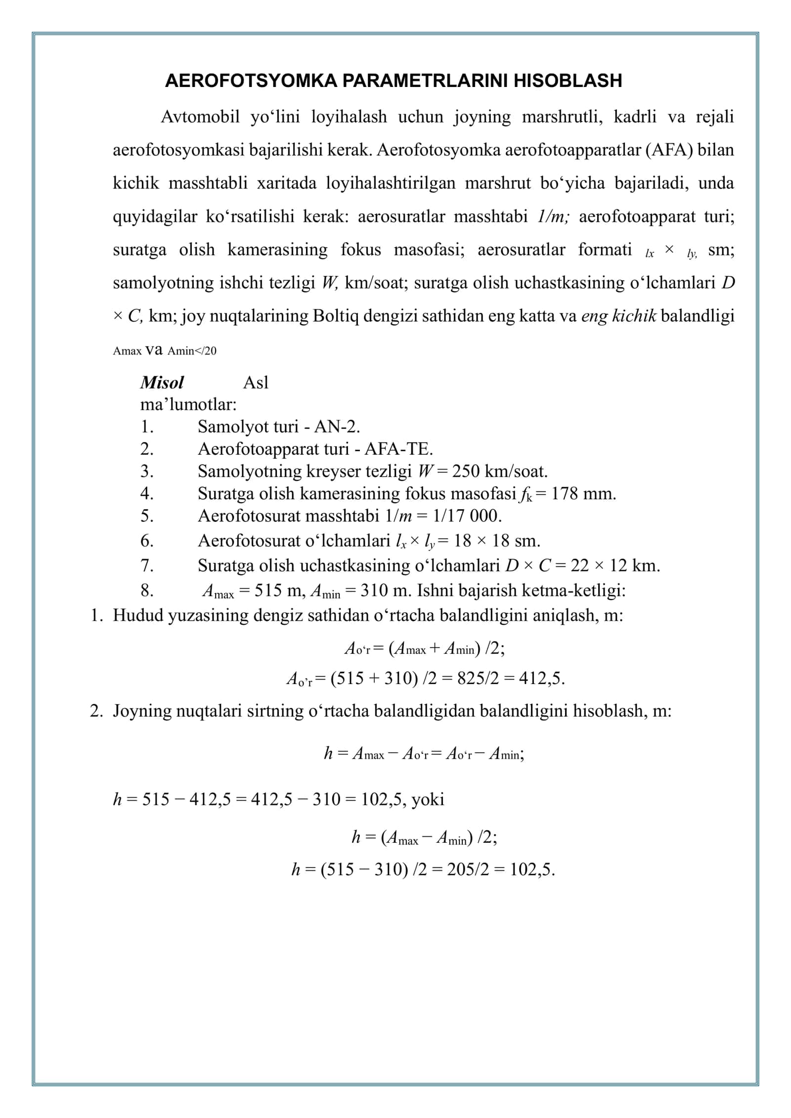Aerofotosyomka parametrlarini hisoblash 2