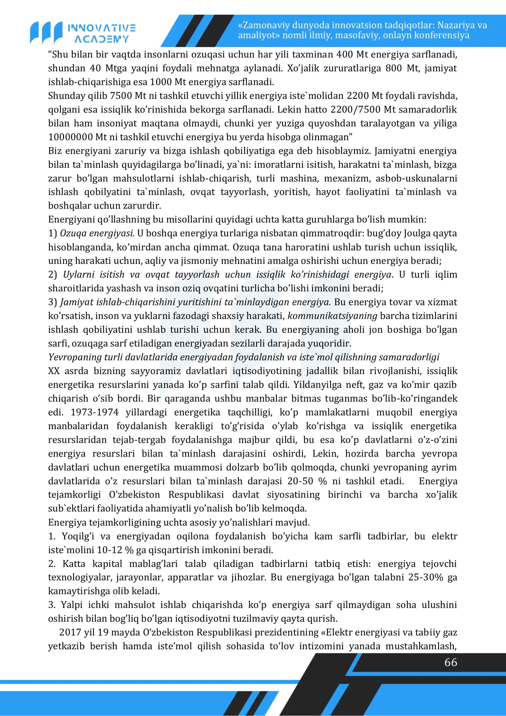 Jamiyat hayotida Energetikani o’rni yoki Energetika 2