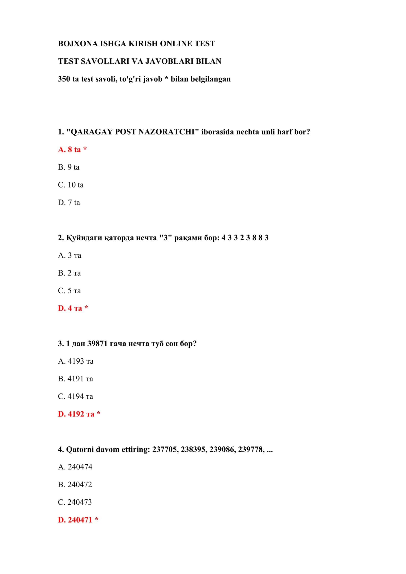 BOJXONA ISHGA KIRISH ONLINE TEST 2