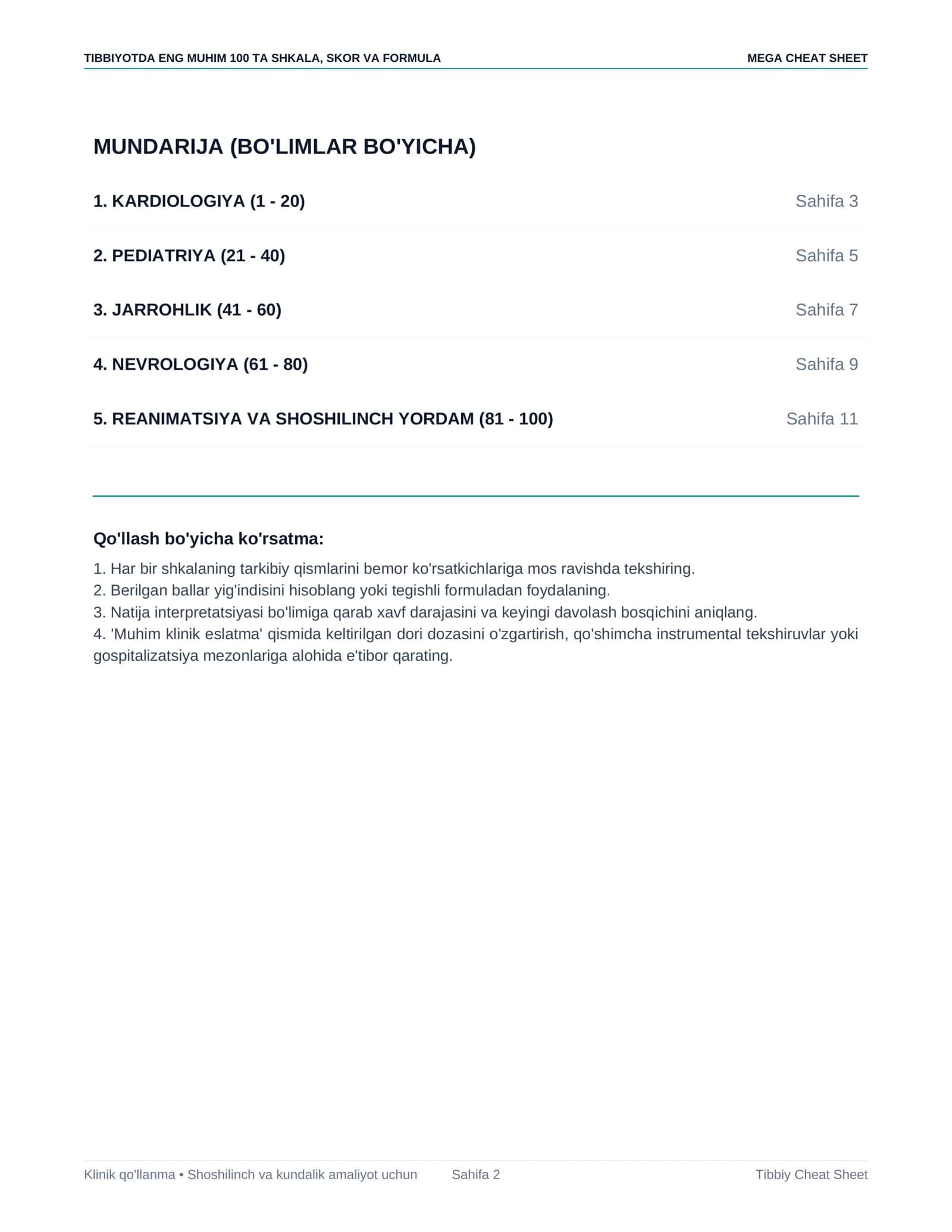 TIBBIYOTDA ENG MUHIM 100 TA SHKALA, SKOR VA FORMULA — MEGA CHEAT SHEET 2