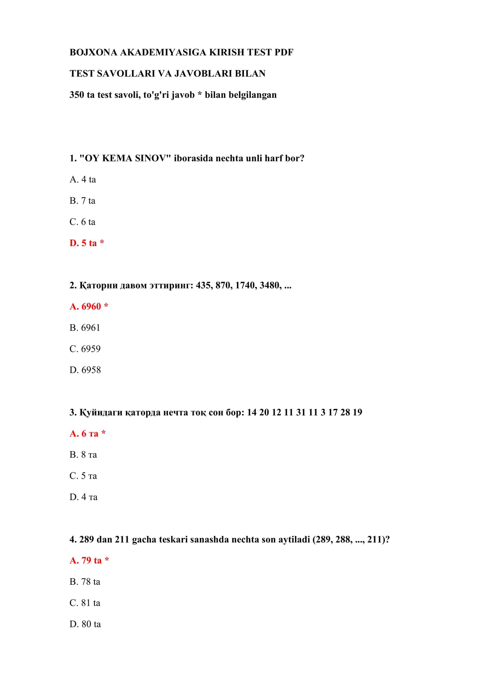 BOJXONA AKADEMIYASIGA KIRISH TEST PDF 2