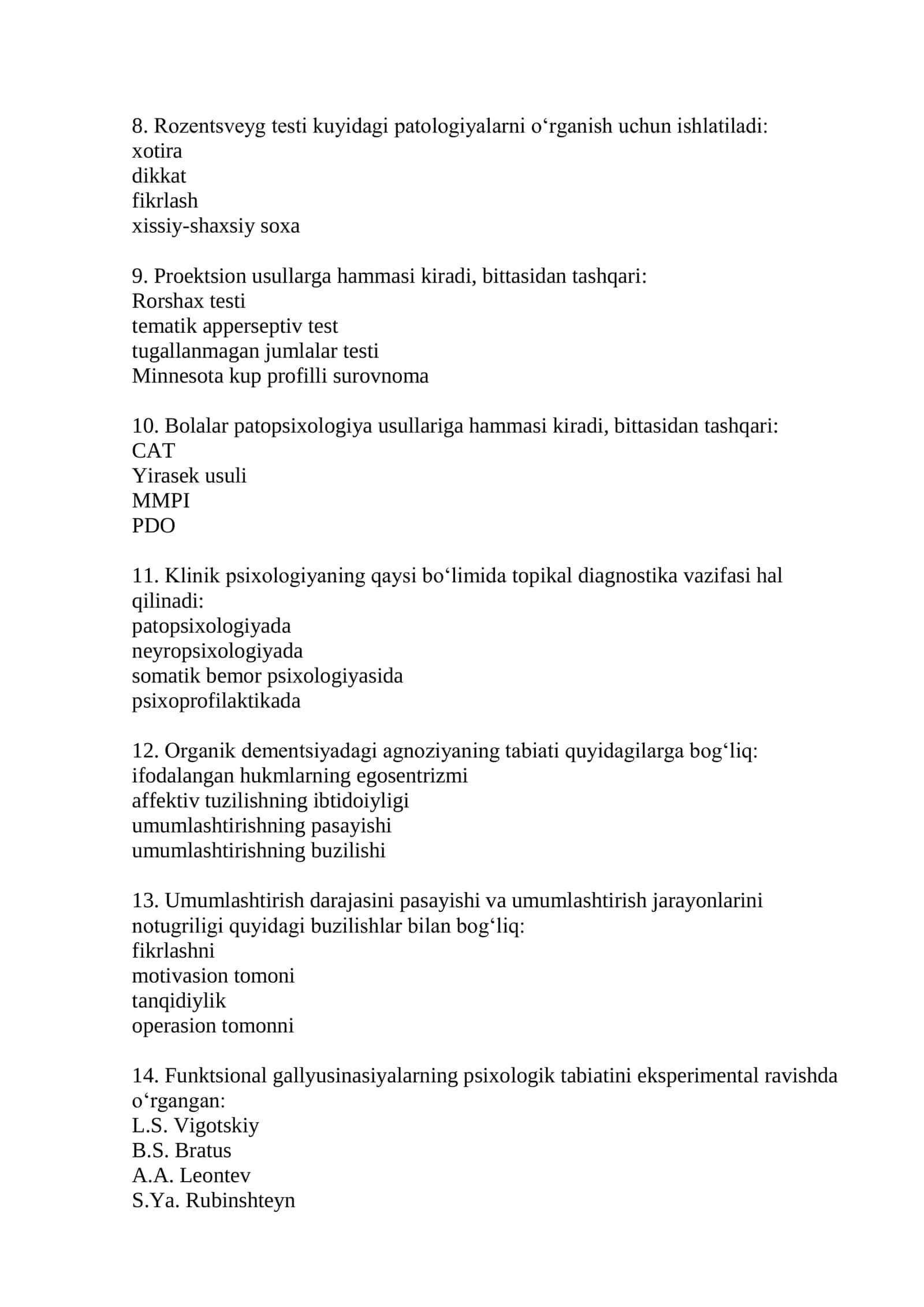Tibbiy psixologiya test savollari 2026 2