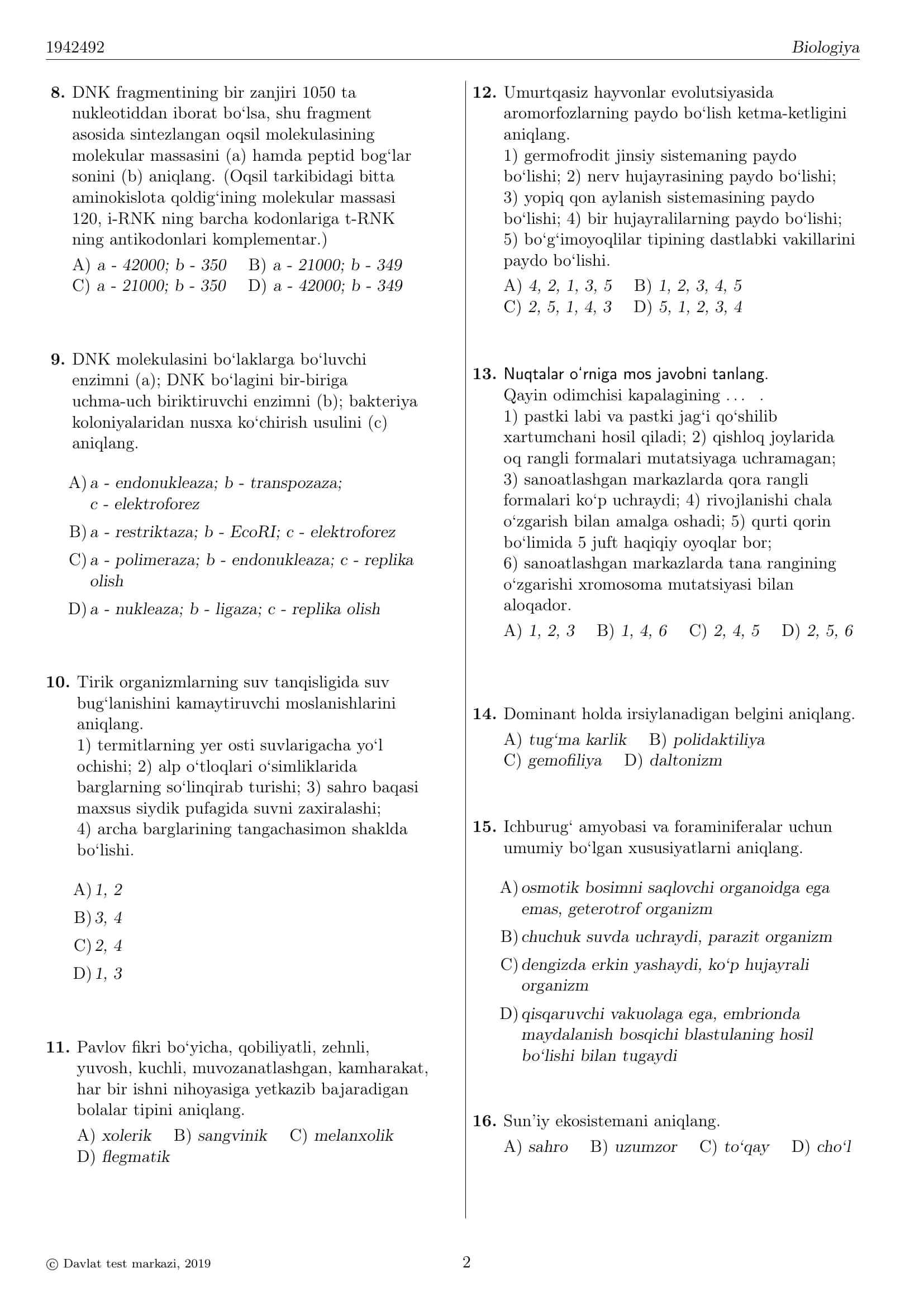 BIOLOGIYA TESTI 2