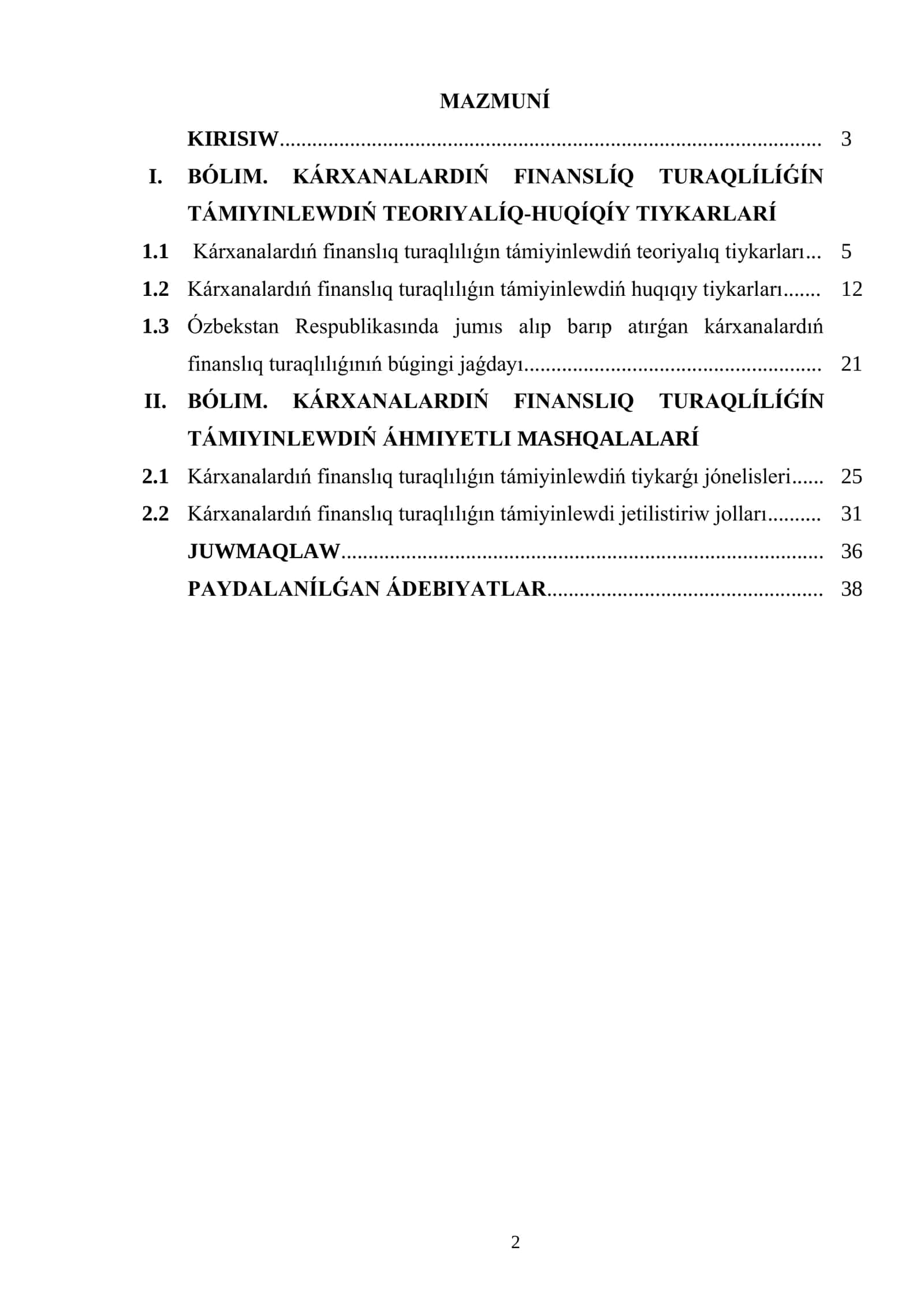 Kárxanalar Finanslıq Turaqlılıǵı 2