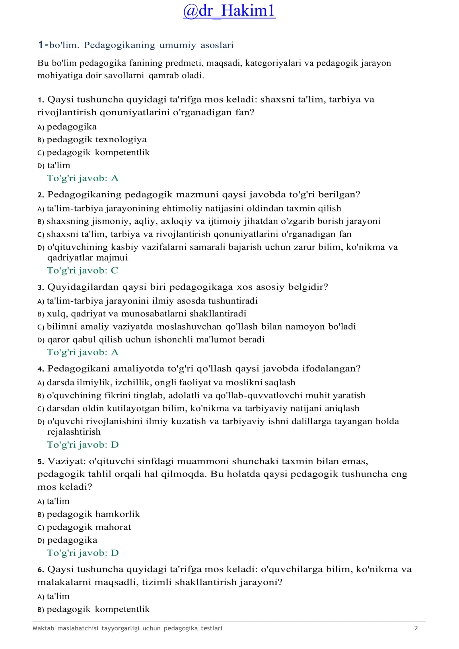 Maktab maslahatchisi tayyorgarligi uchun pedagogika testlari 2