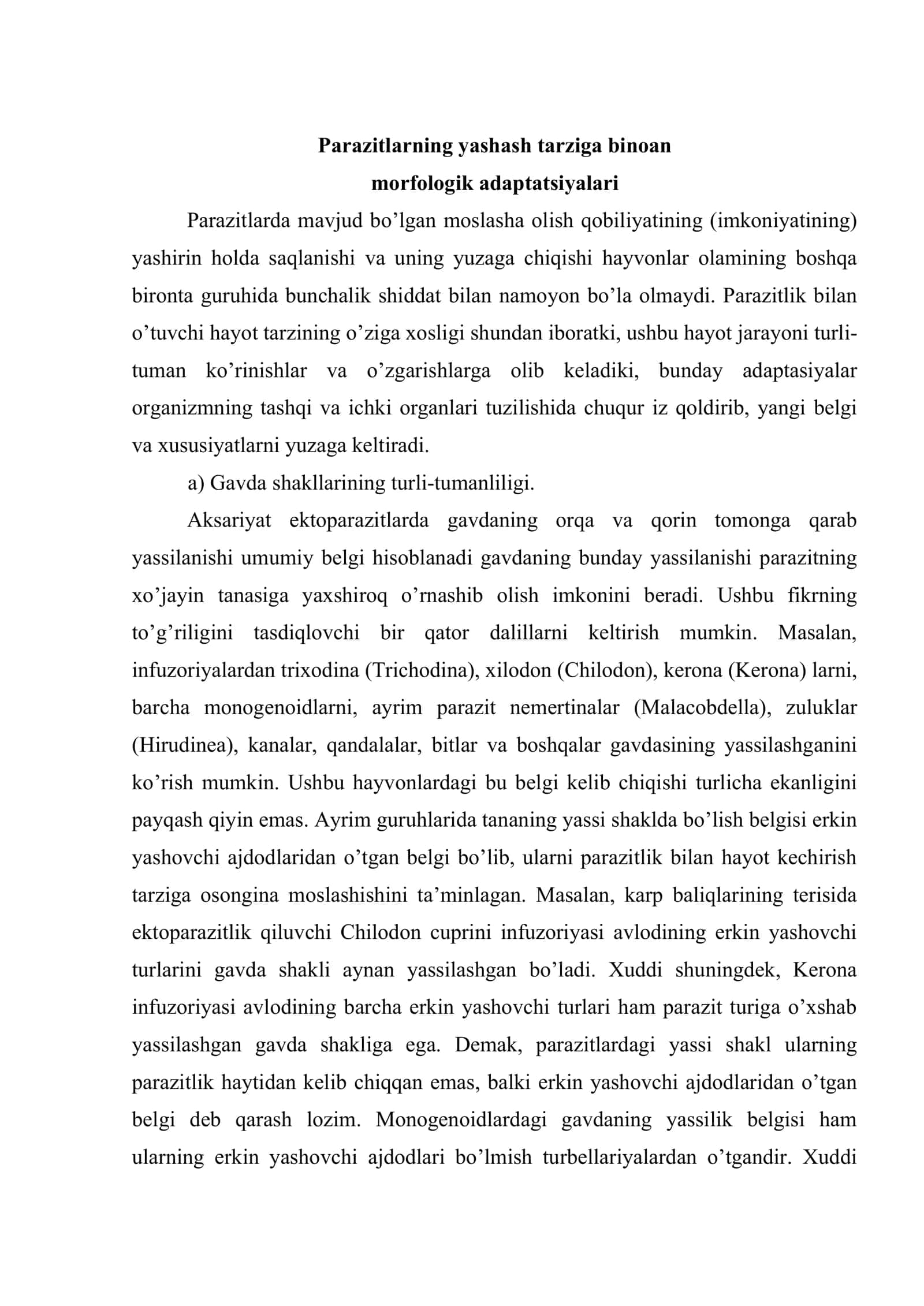 Parazitlarning morfologik adaptatsiyalari 2