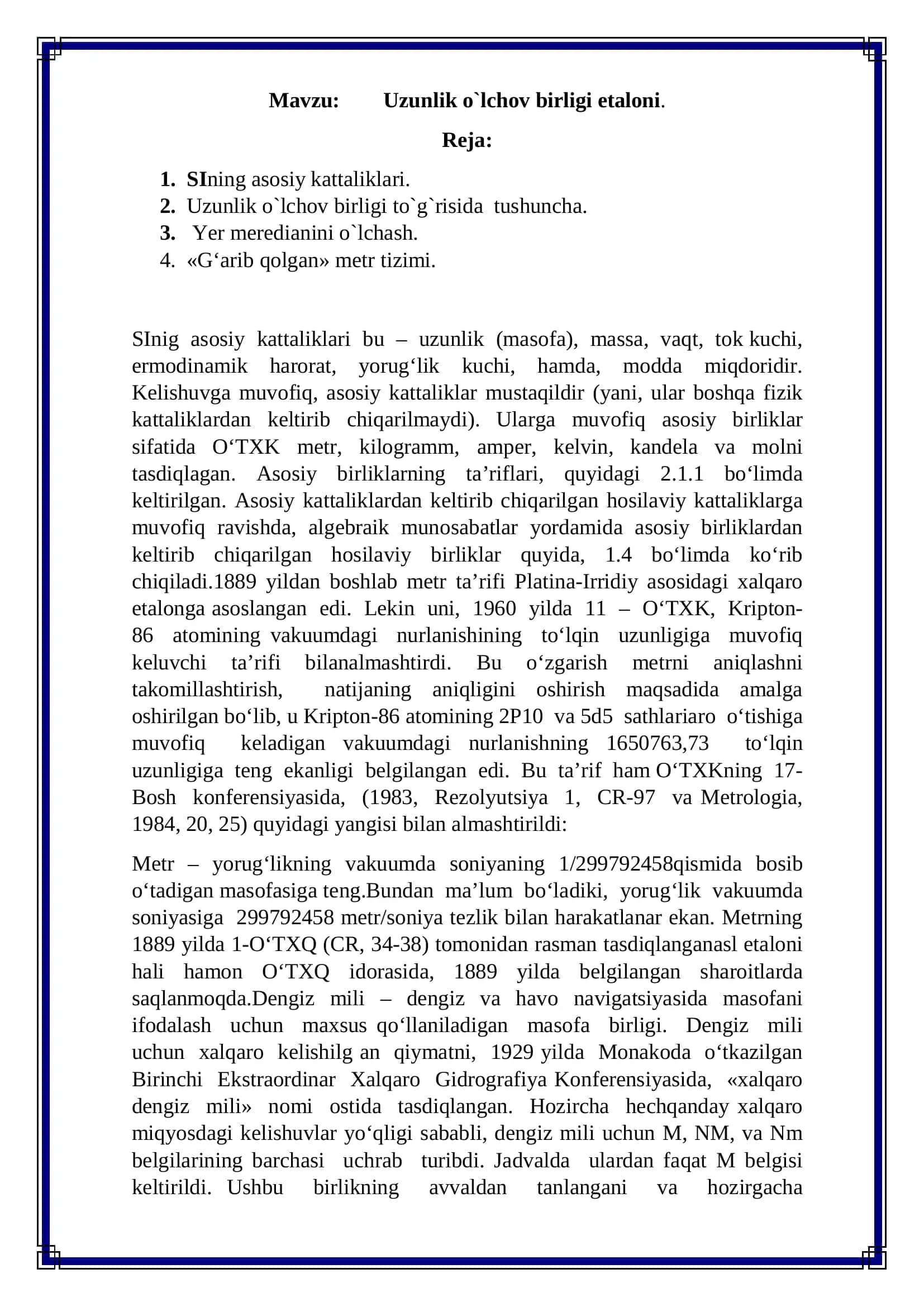 Uzunlik o`lchov birligi etaloni 2