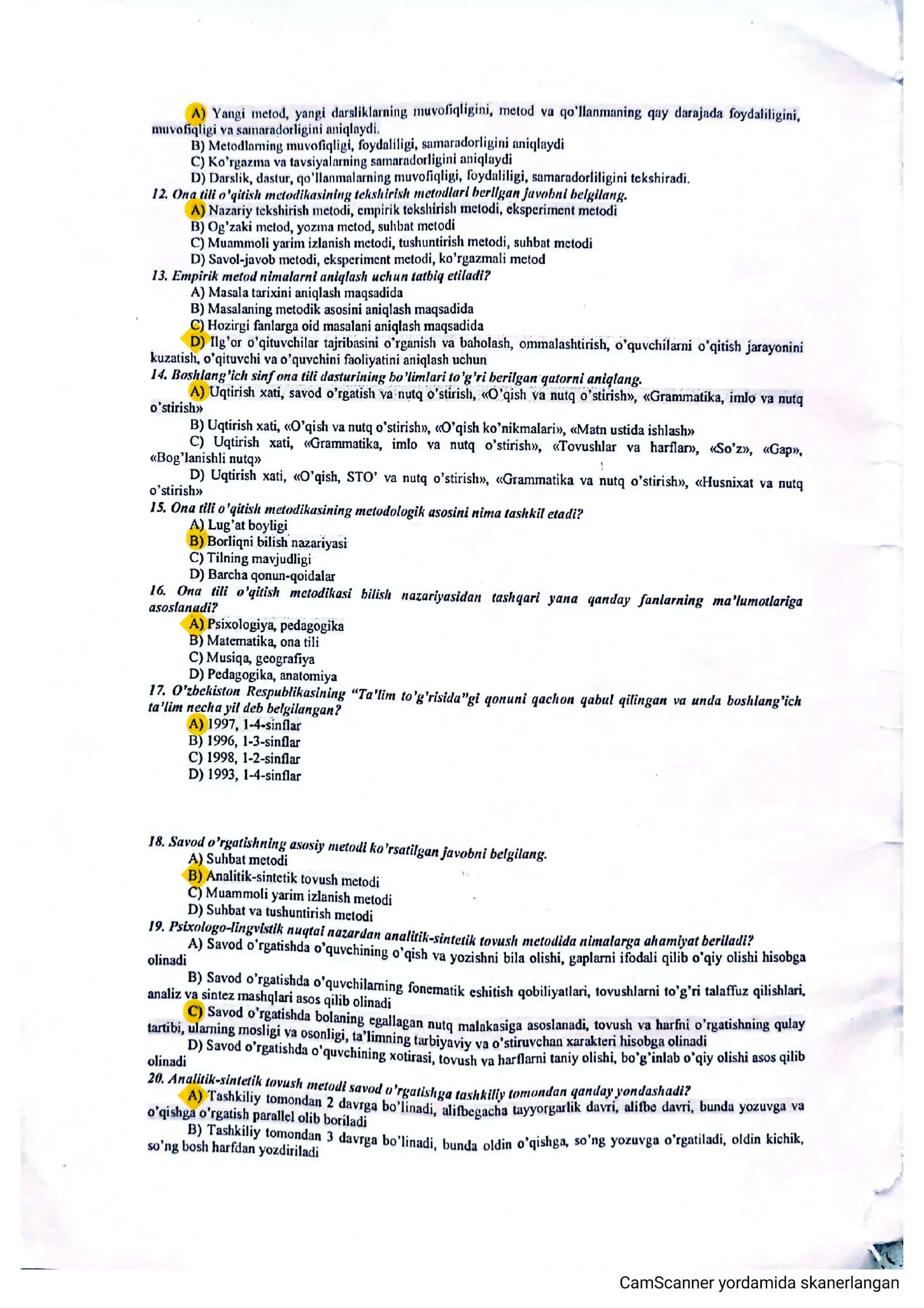 Boshlangʻich taʼlimdan test savollari va javoblari bilan 2
