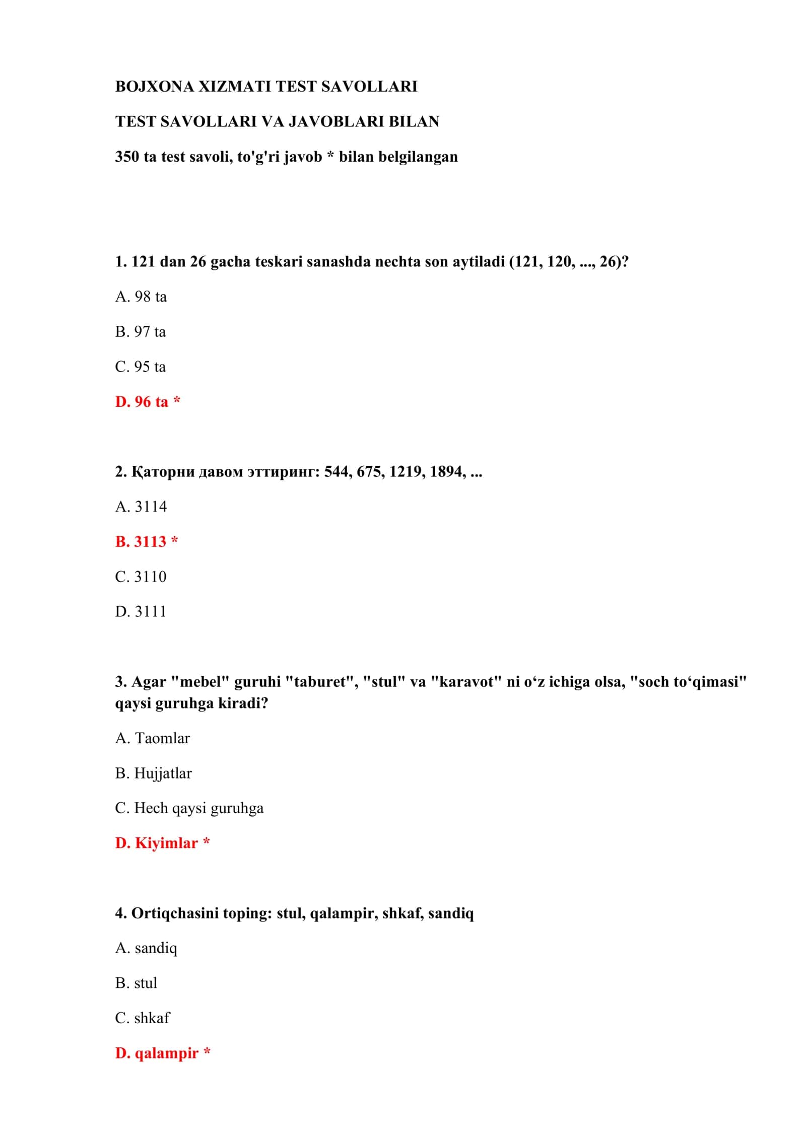 BOJXONA XIZMATI TEST SAVOLLARI 2