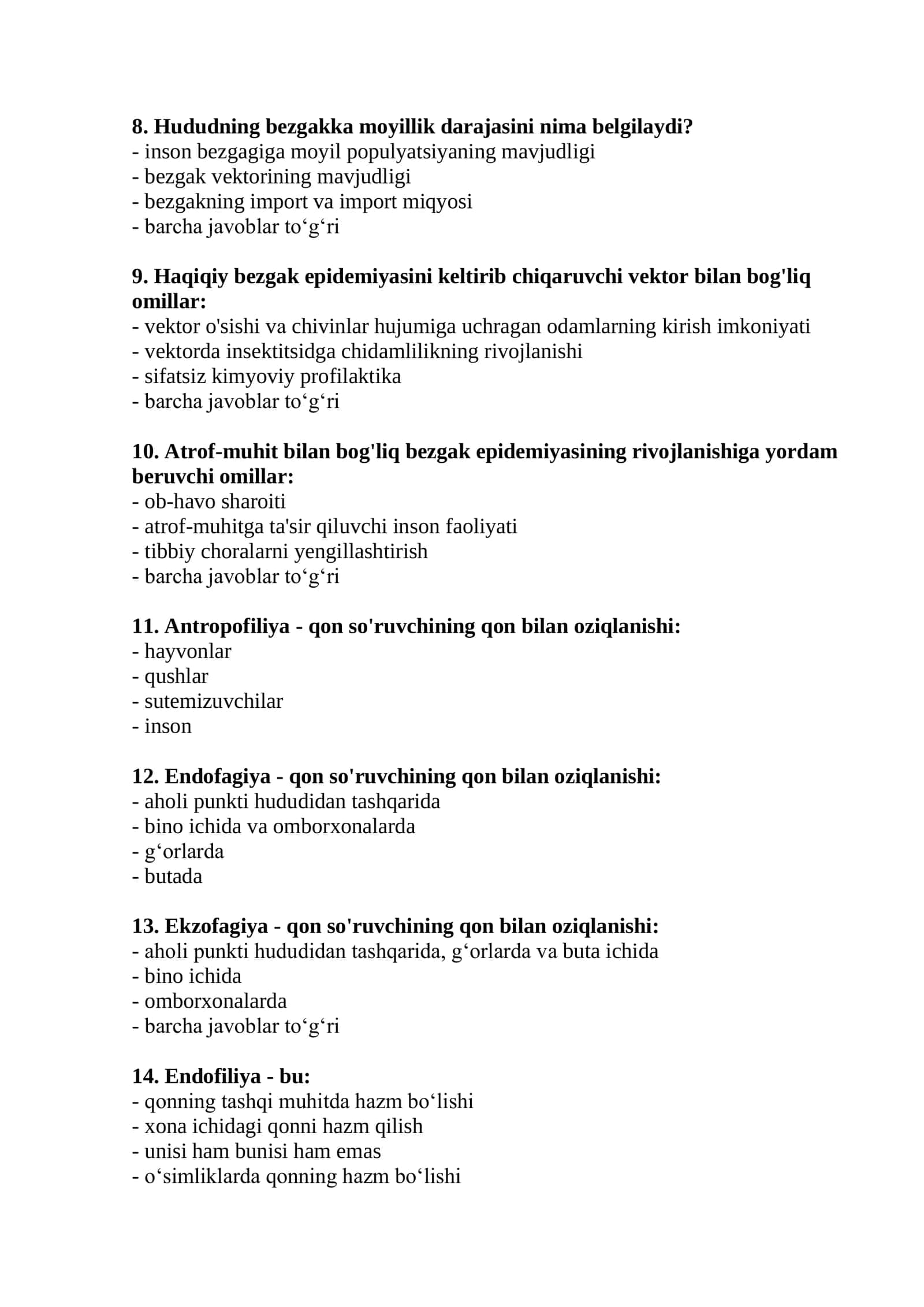 Tibbiy entomologiya test savollari 2026 2