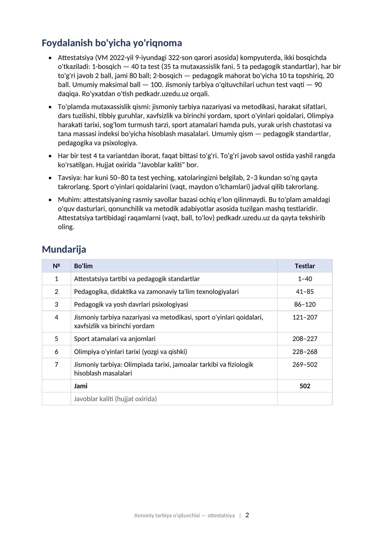 JISMONIY TARBIYA O'QITUVCHISI attestatsiyasi uchun test savollari to'plami (2025–2026) 502 ta test 2