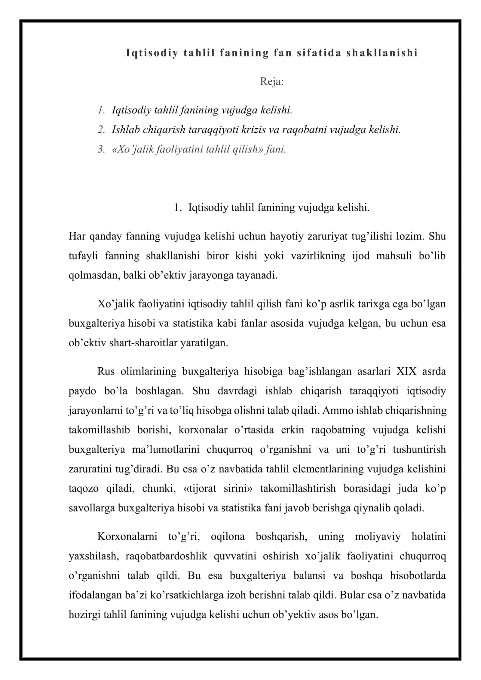 IQTISODIY TAHLIL FANIDAN NAZORAT ISH 2