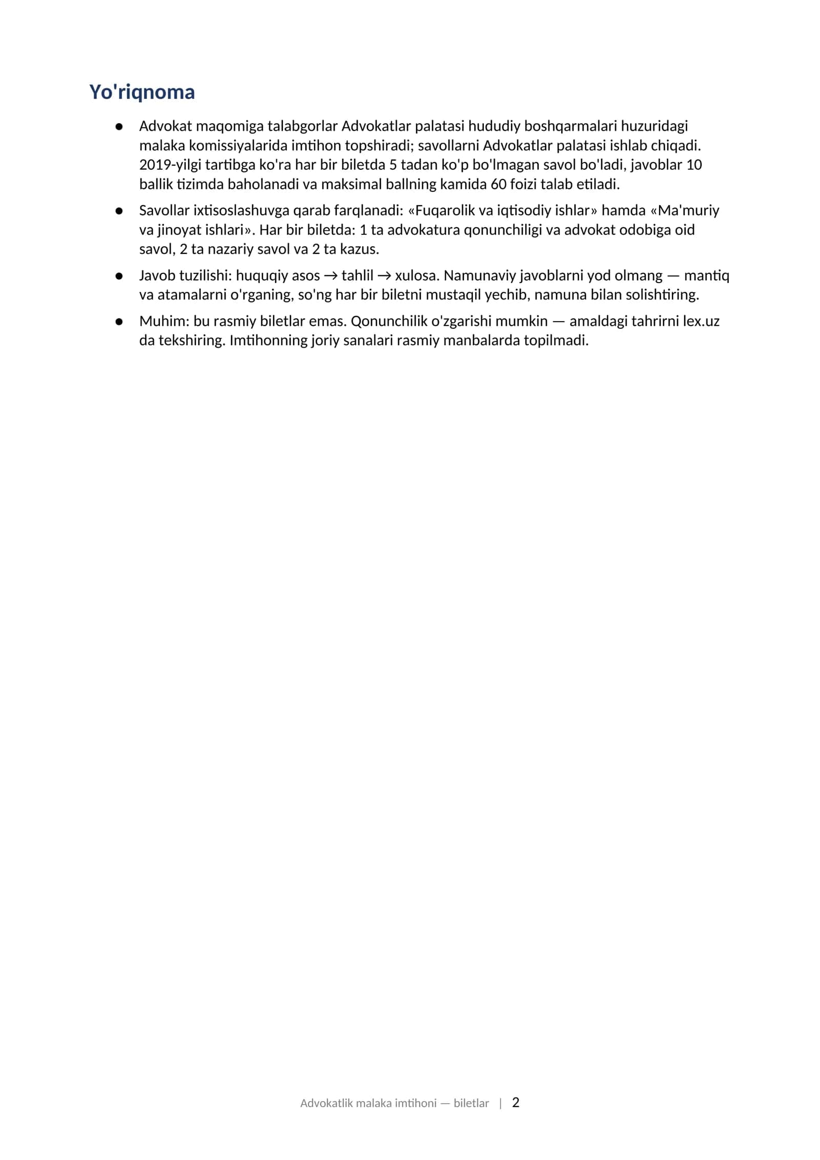 ADVOKATLIK MALAKA IMTIHONI Imtihon biletlari va namunaviy javoblar (mashq to'plami) 2