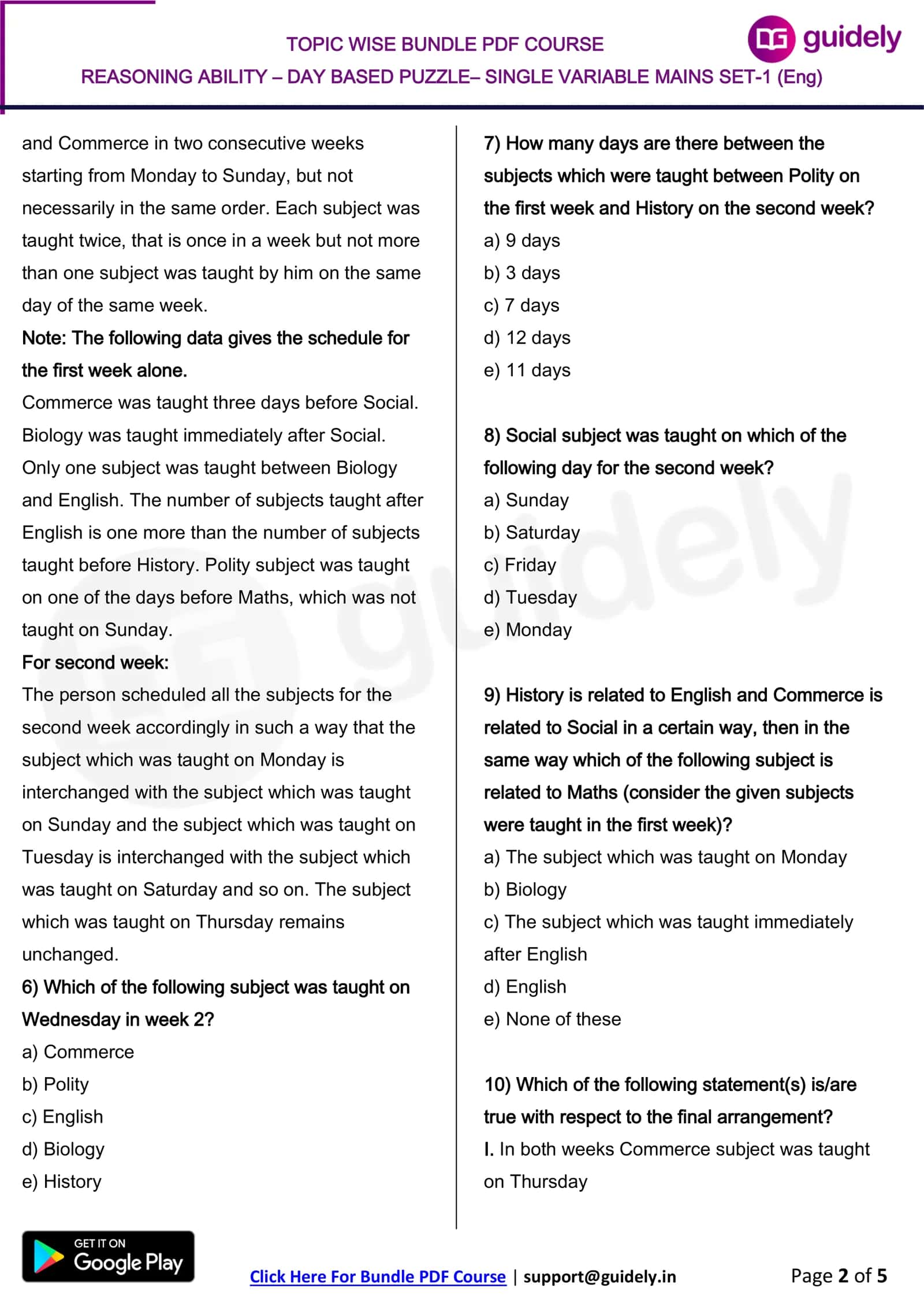 REASONING ABILITY – DAY BASED PUZZLE– SINGLE VARIABLE MAINS SET-1 (Eng) 2