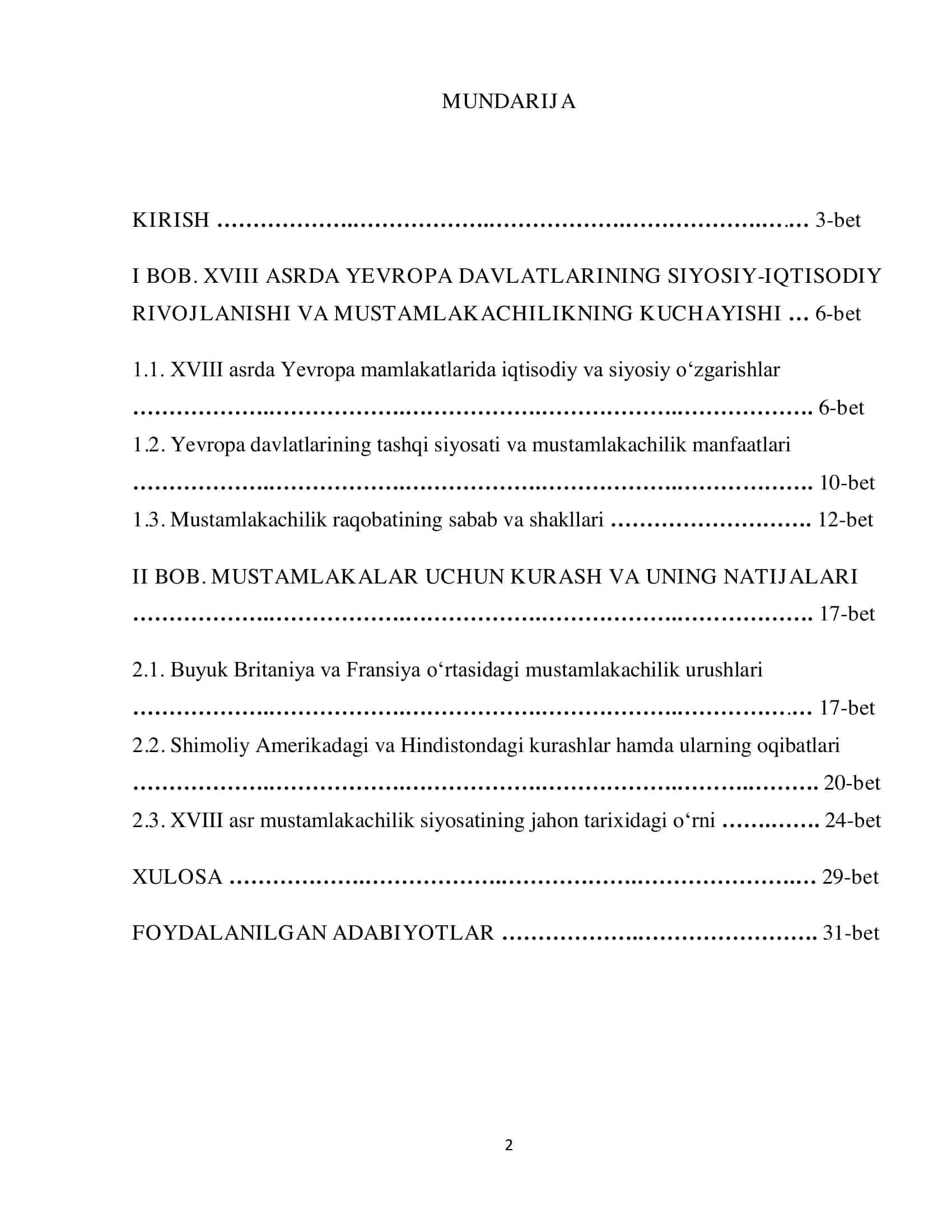 YEVROPA DAVLATLARINING MUSTAMLAKALAR UCHUN KURASHI (XVIII ASR) 2