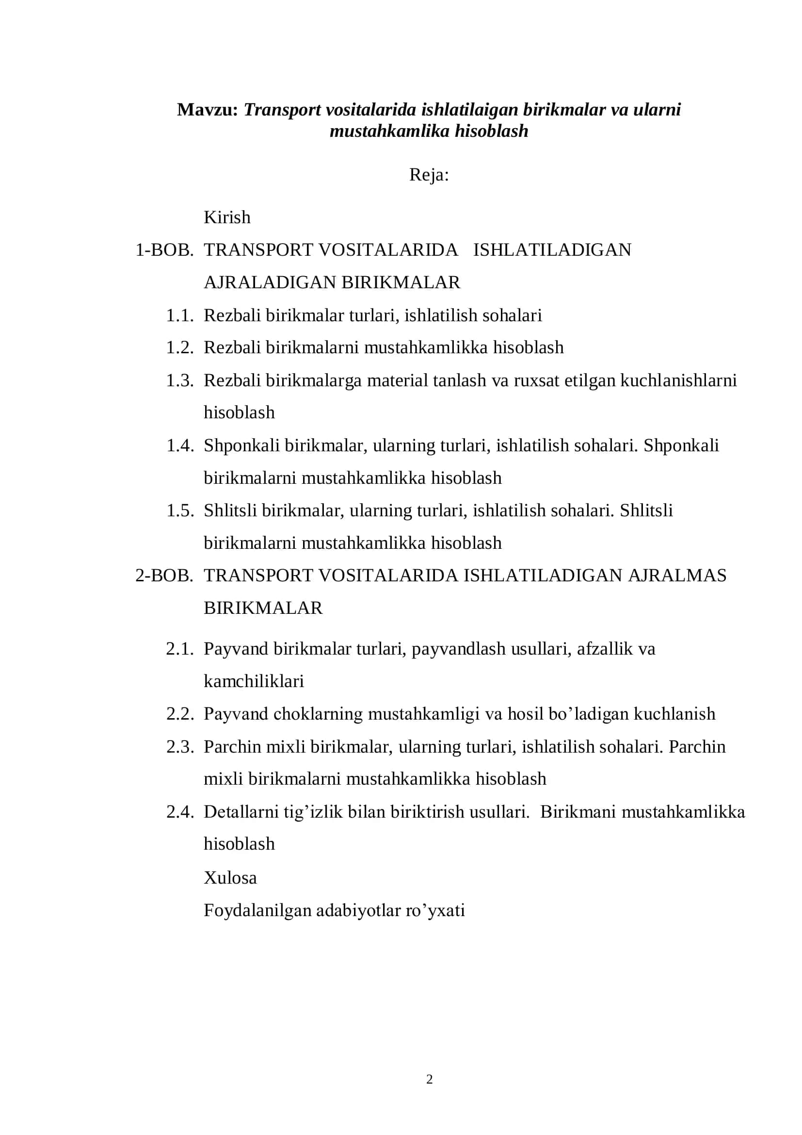 Namatov Eralining TRANSPORT VOSITALARIDA ISHLATILADIGAN BIRIKMALAR VA ULARNI MUSTAHKAMLIKA HISOBLASH 2