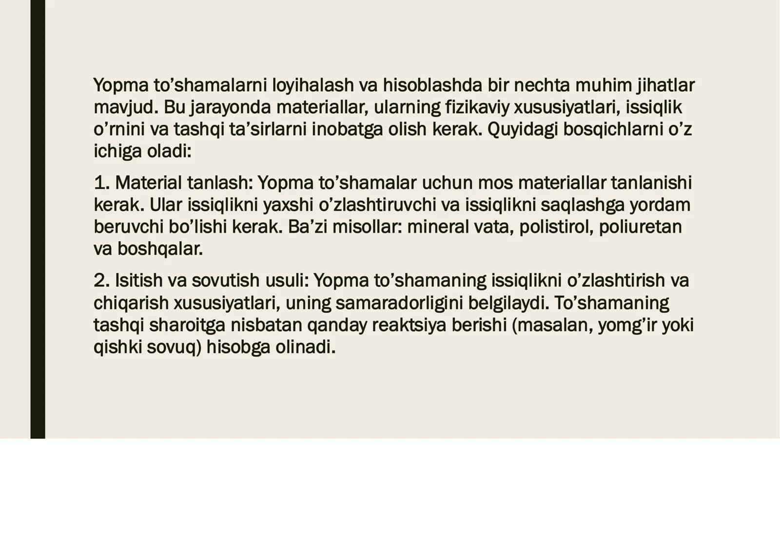 Yopma to’shamalarni loyihalash va hisoblash 2