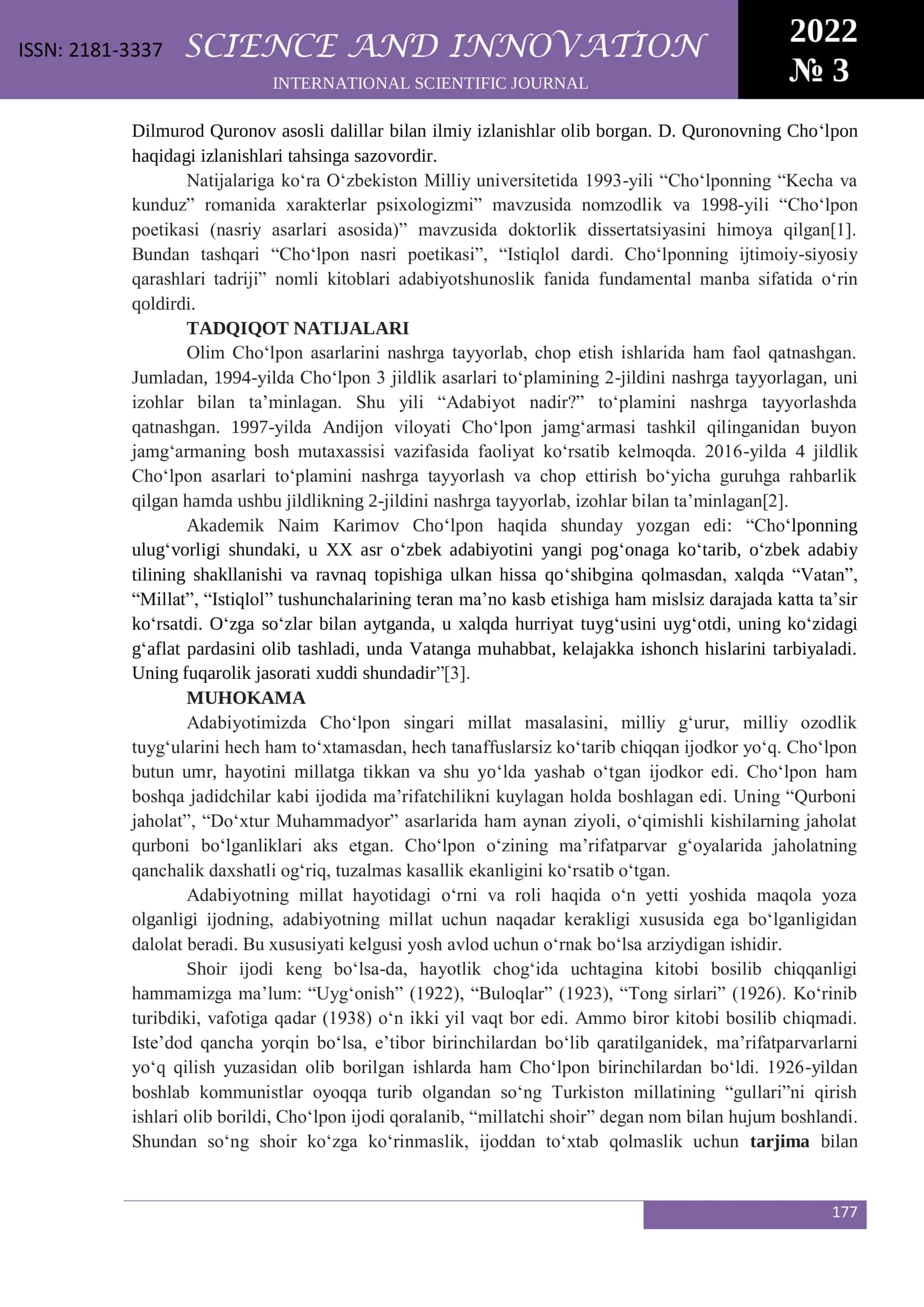 CHOʻLPON – MILLATPARVAR SHOIR, MOHIR TARJIMON 2