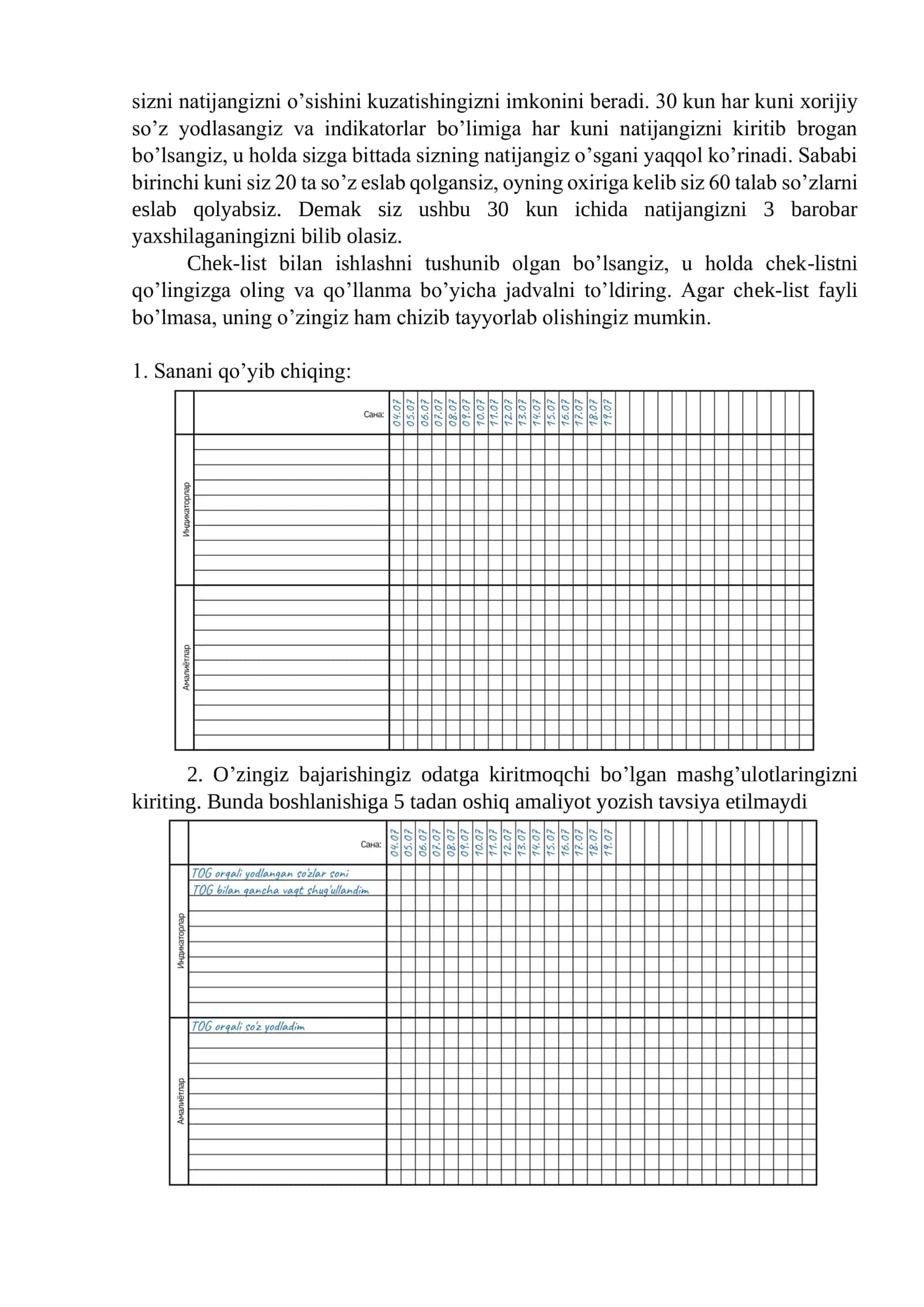 foydali odatlarni shakllantirish Chek-list 2