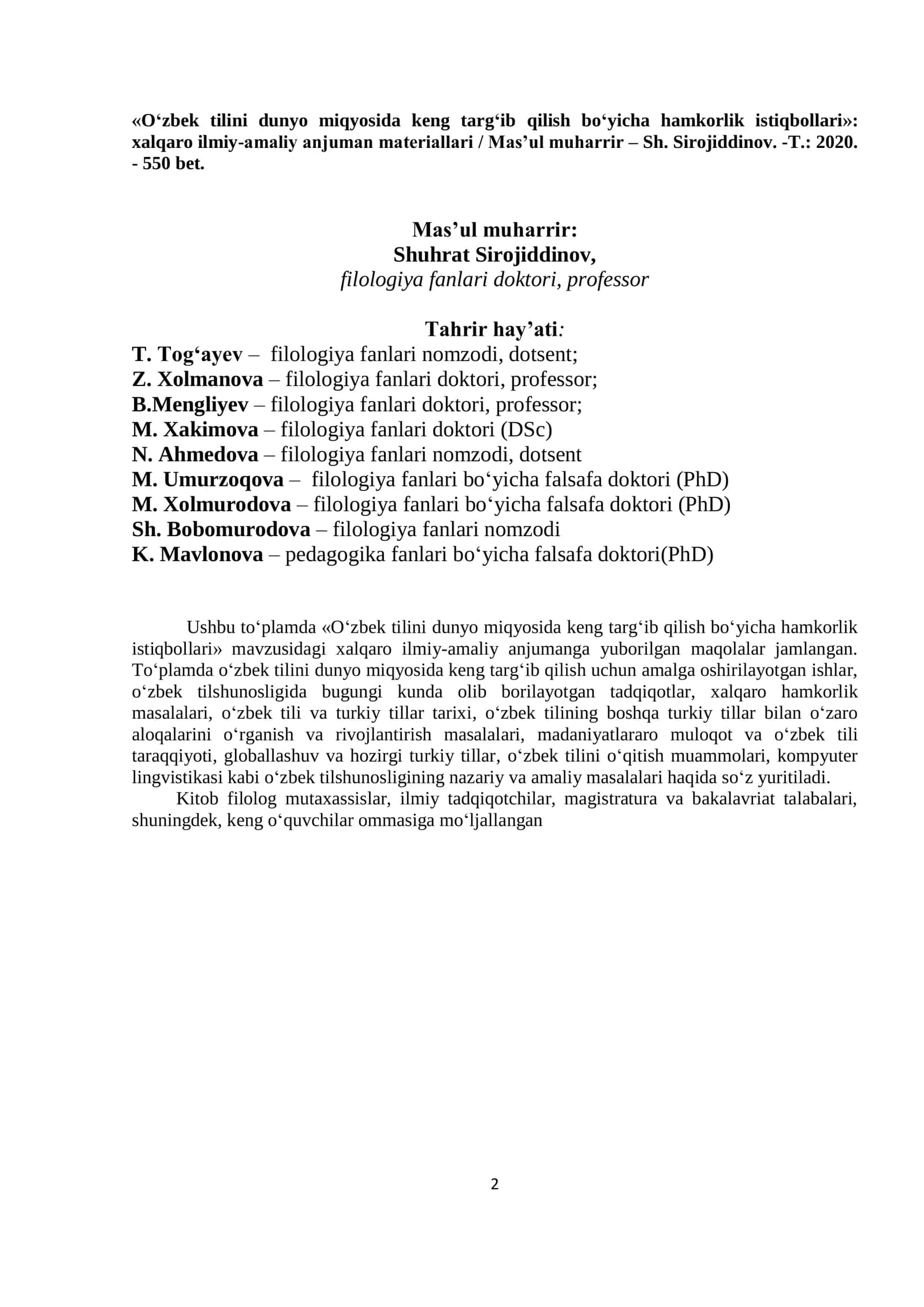 «OʻZBEK TILINI DUNYO MIQYOSIDA KENG TARGʻIB QILISH BOʻYICHA HAMKORLIK ISTIQBOLLARI» 2