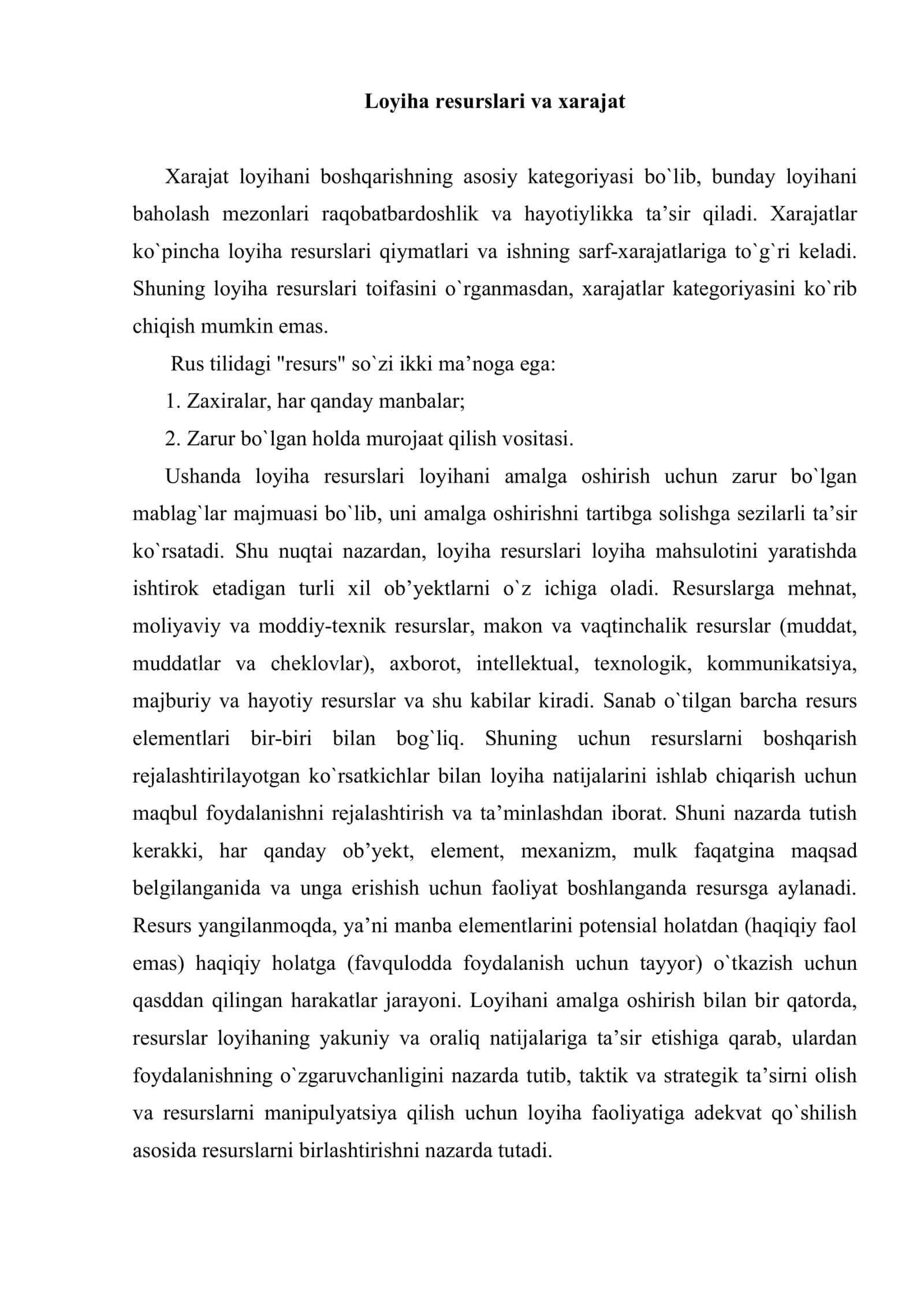 Loyiha xarajatlarini boshqarish 2