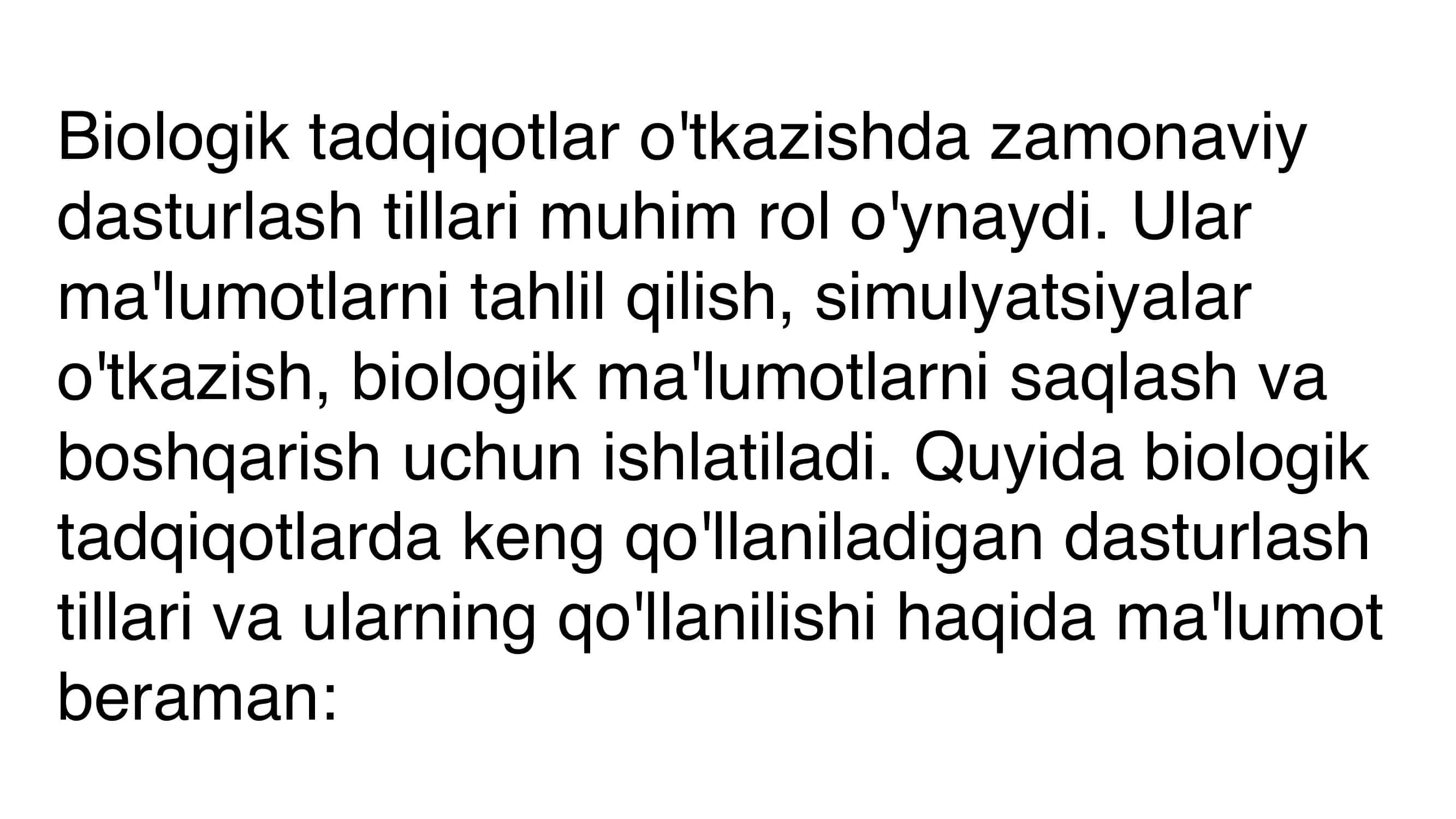 Biologik tadqiqotlar dasturlash tillari 2