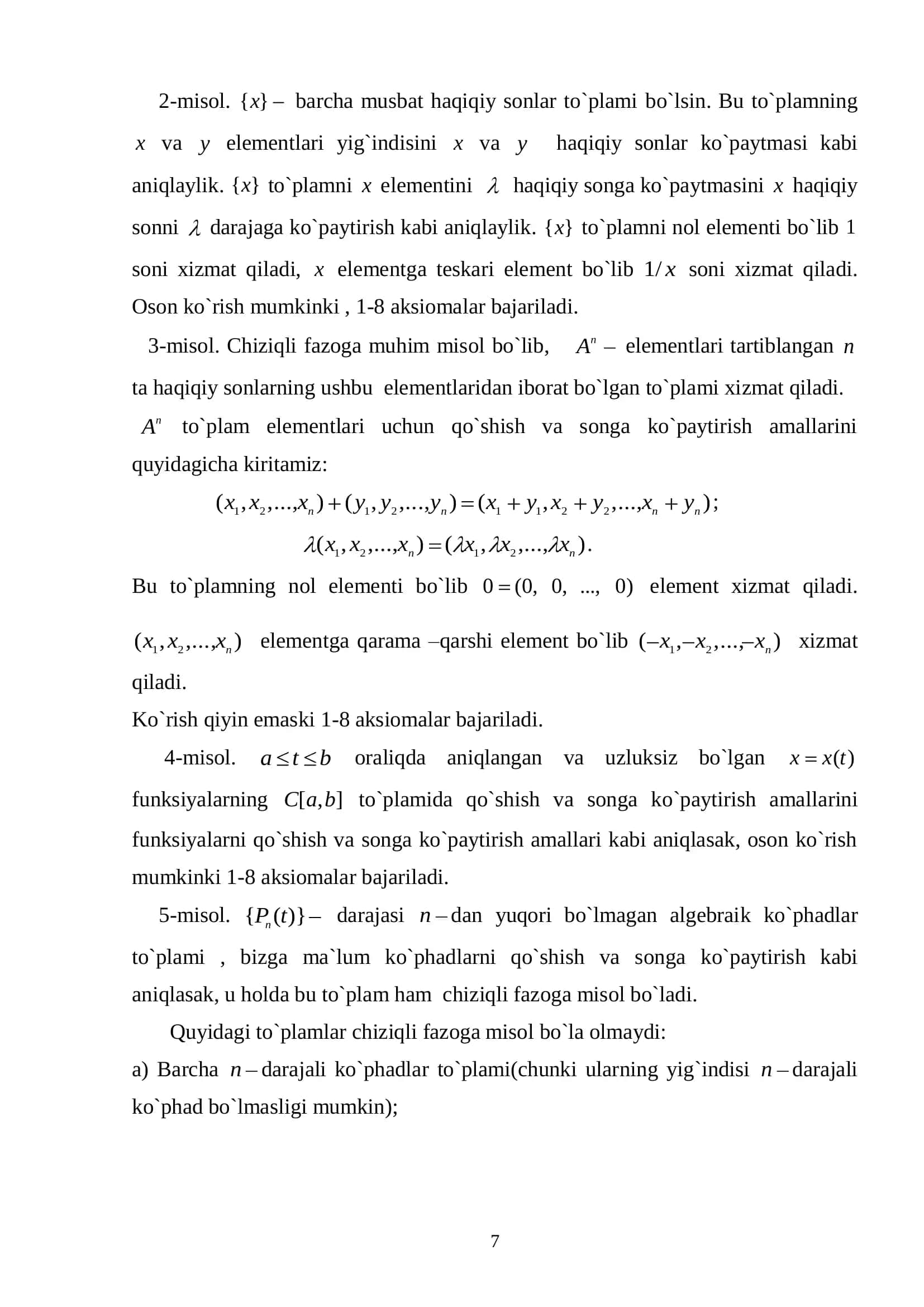 Chiziqli fazo ta`rifi va asosiy xossalari. 2