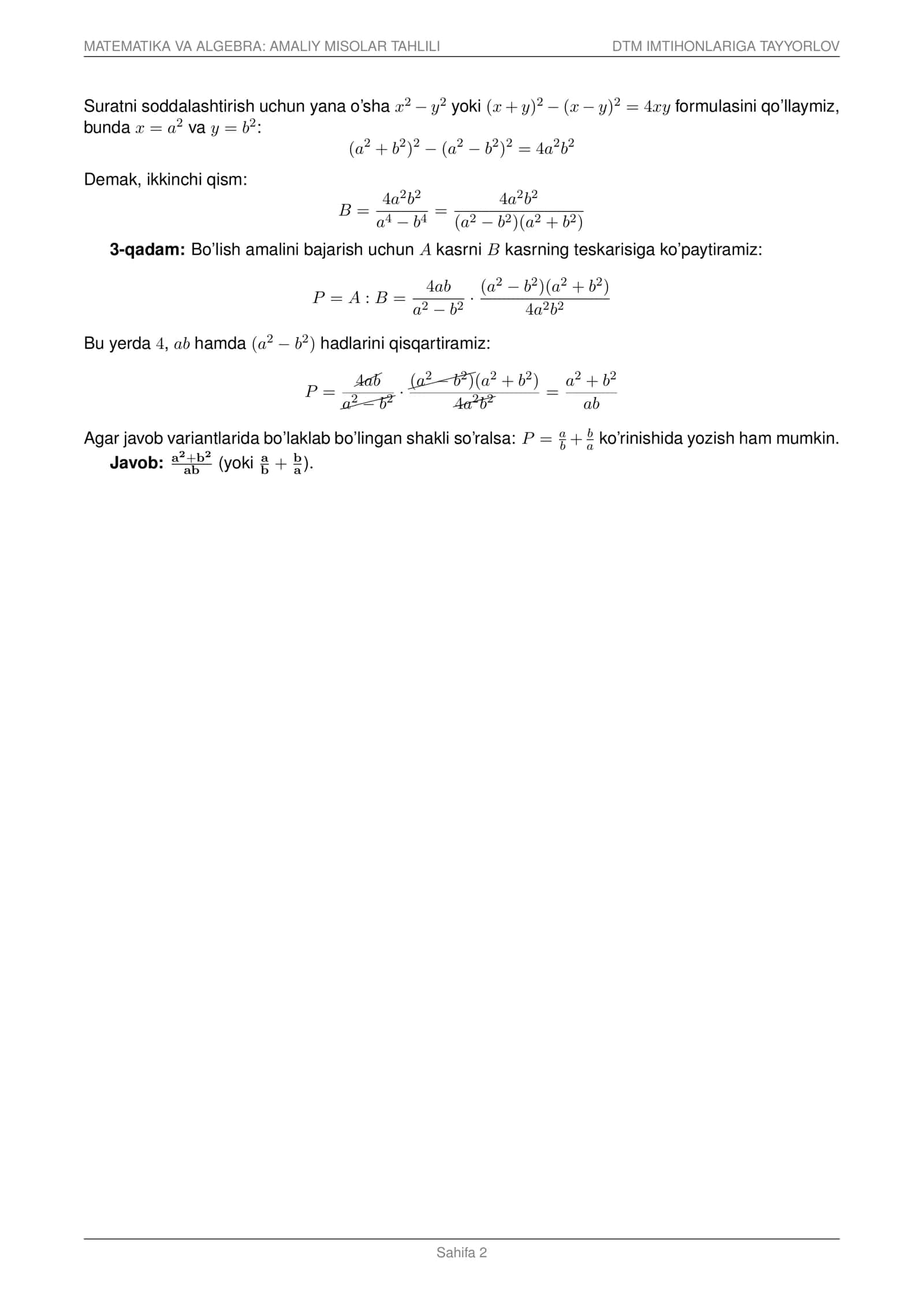 DTM MATEMATIKA VA ALGEBRA — MURAKKAB FORMULALAR VA AMALIY TATBIQI | STEP-BY-STEP YECHIMLAR PDF 2